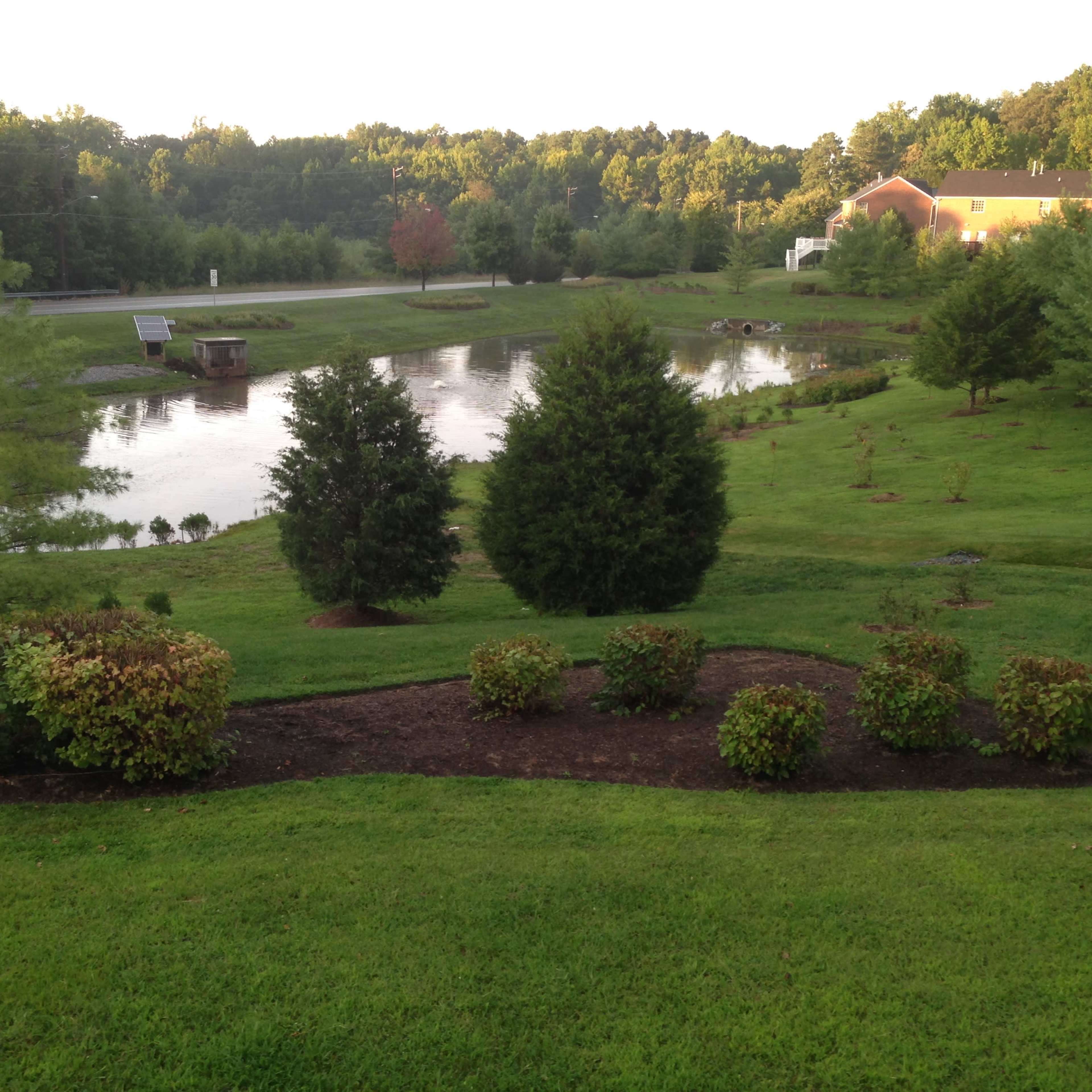 The scene shows a landscaped lawn with shrubs leading down to a calm pond surrounded by trees and a distant road.