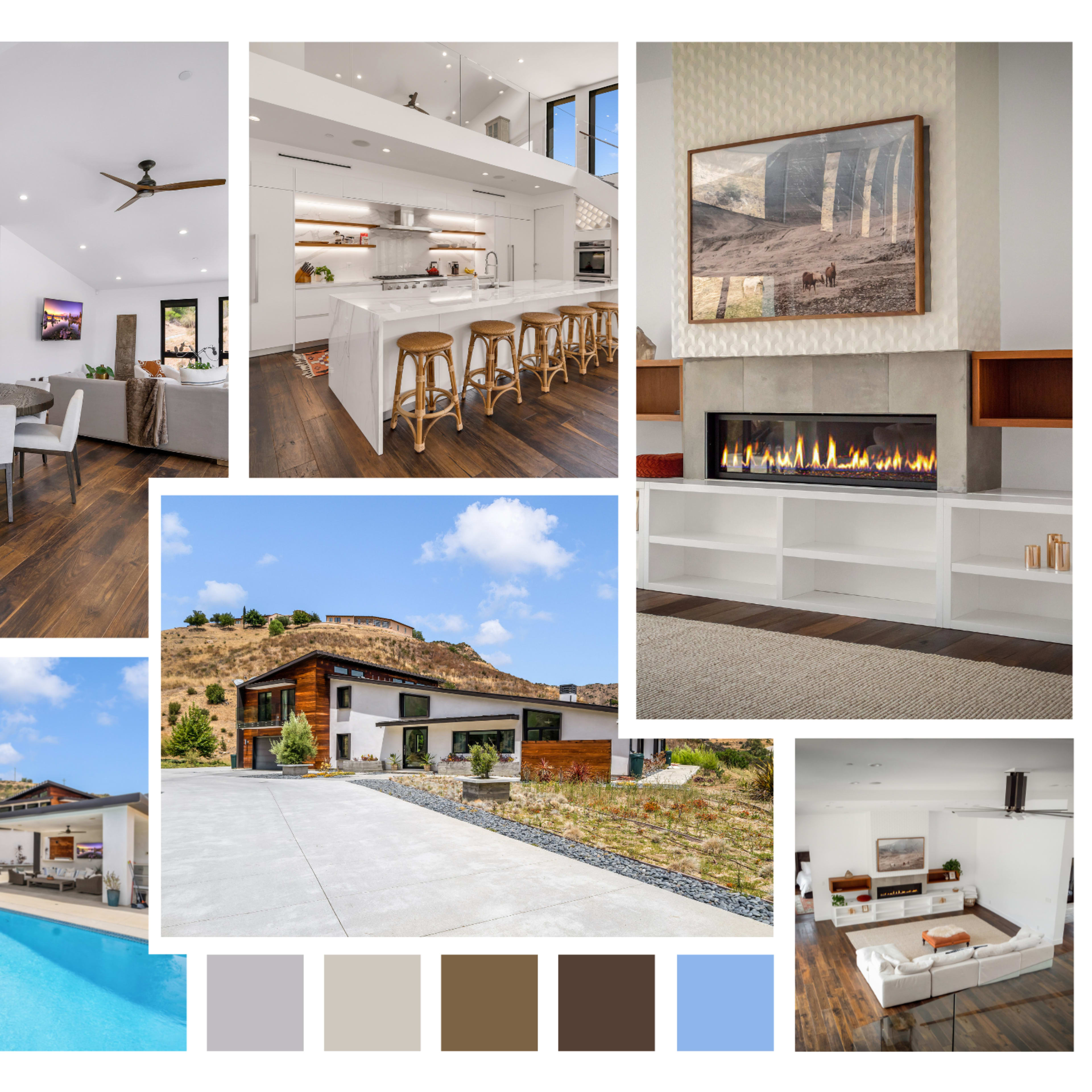 A modern residence featuring an open floor plan with a kitchen, dining area, and living room, a pool area, and various interior and exterior design elements.