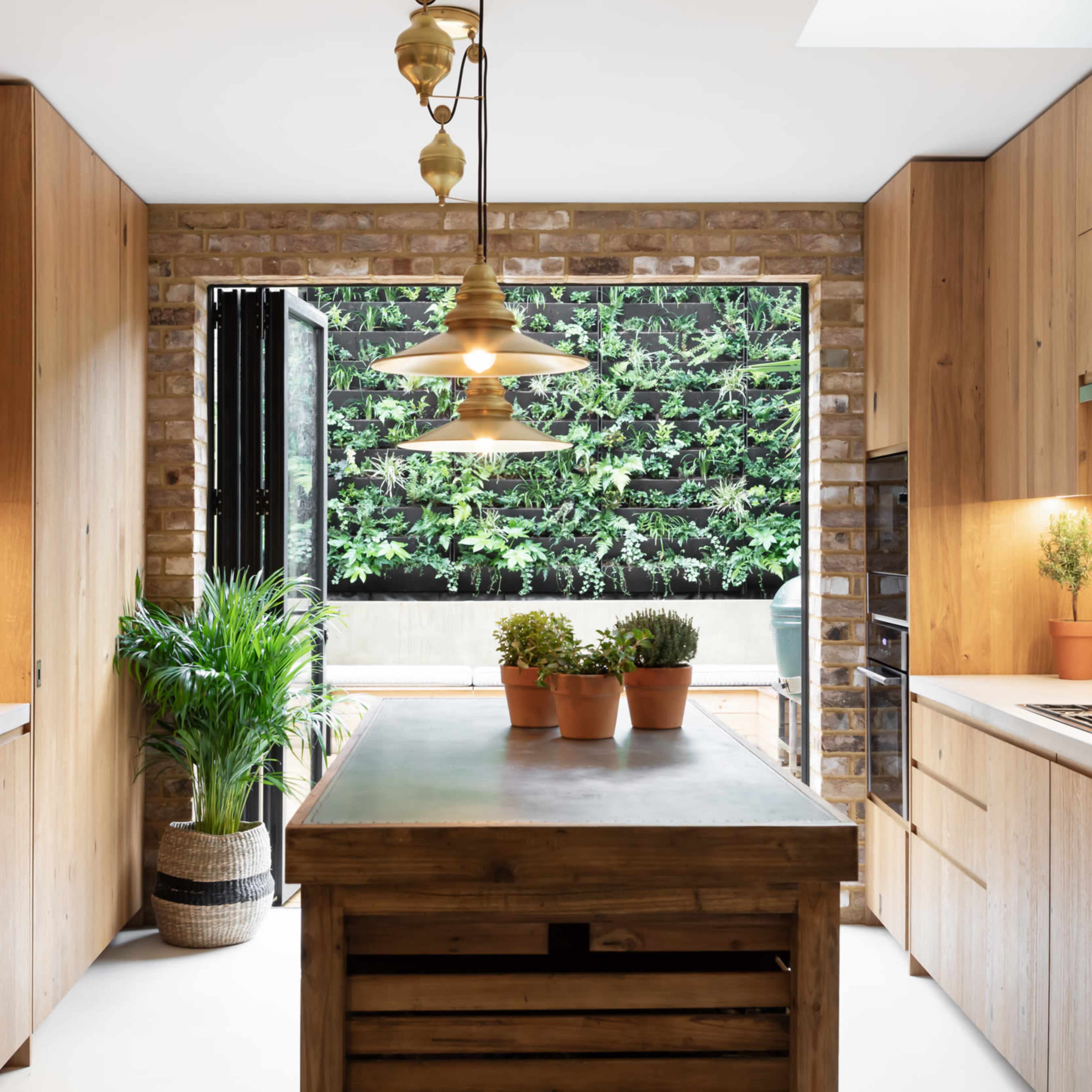 A modern kitchen features wooden cabinetry, a central island, and large windows overlooking a green outdoor space.