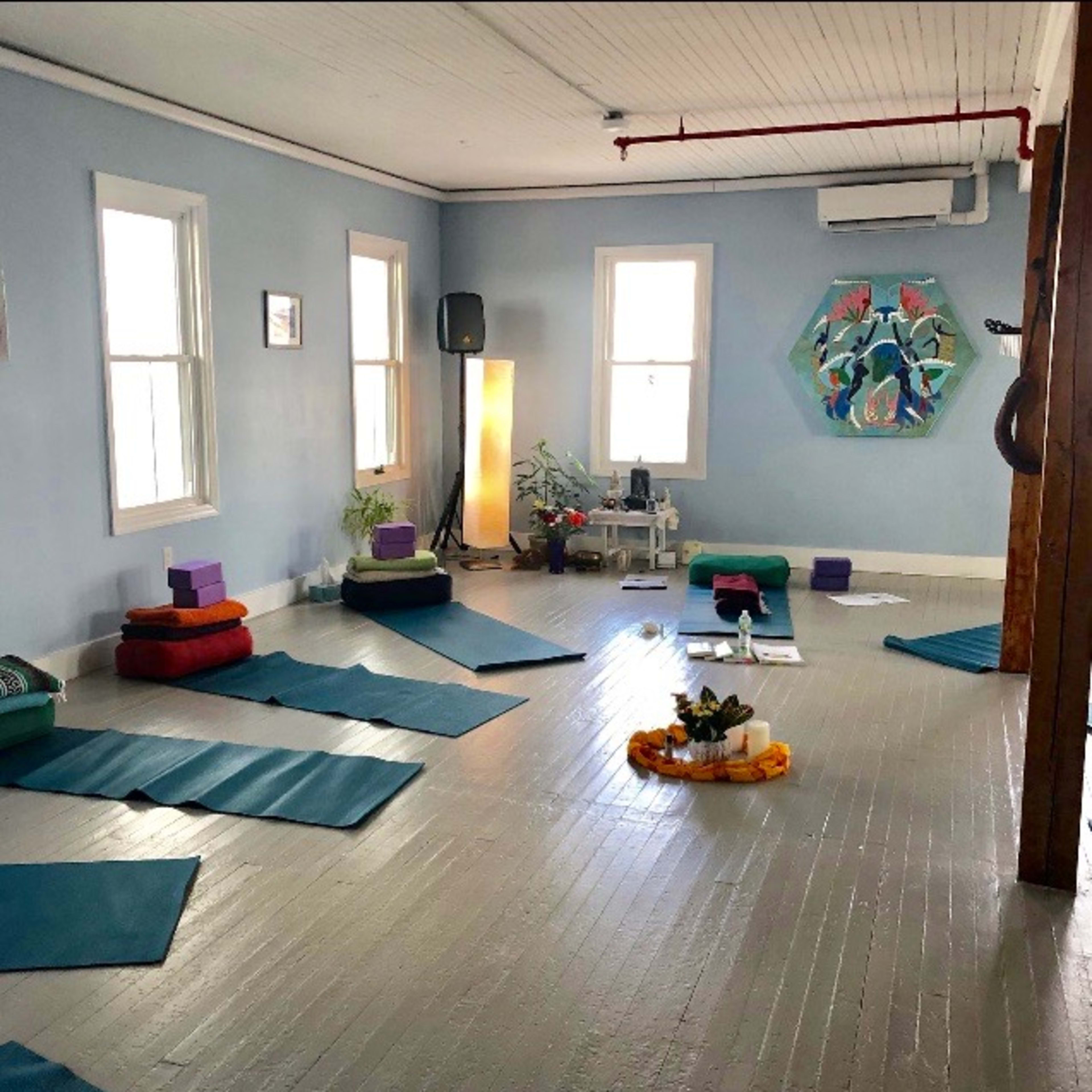 A yoga studio features neatly arranged mats, cushions, and a small altar, with blue walls and an assortment of plants and art.