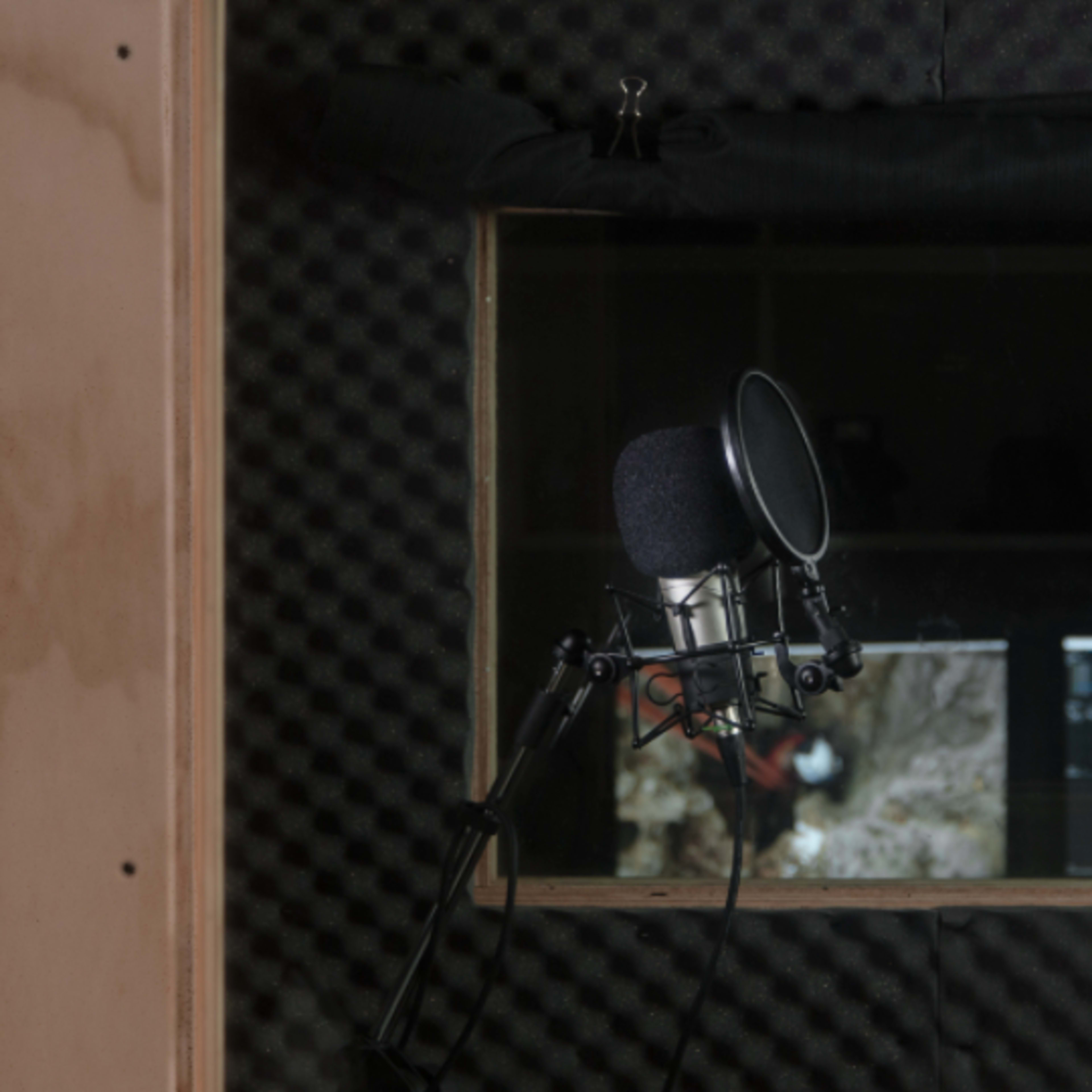 A microphone in a soundproof booth with a computer displaying audio editing software.