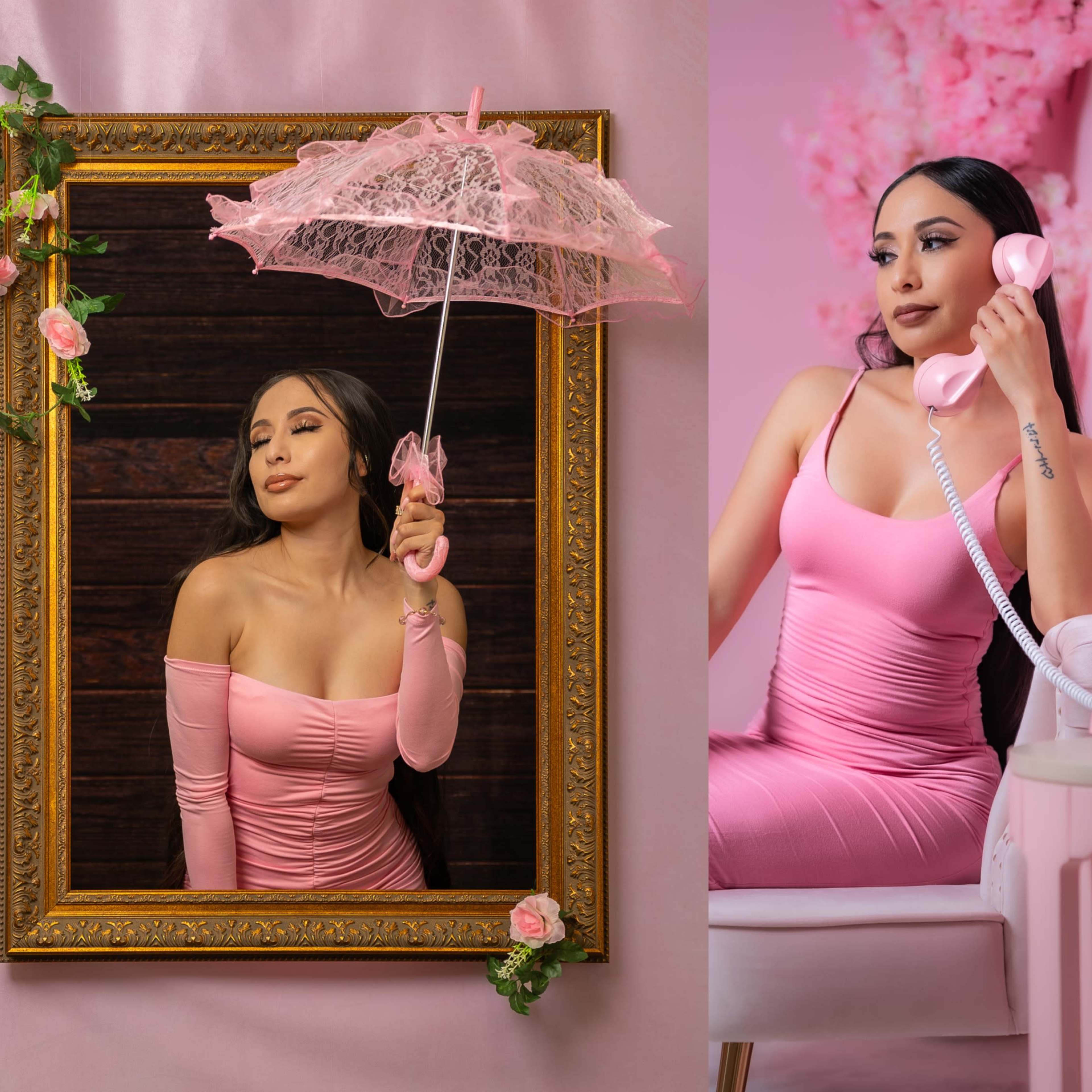 A woman in a pink dress posed in three different configurations: seated beside a clock, framed within a decorative gold picture, and holding a pink umbrella while using a vintage phone.