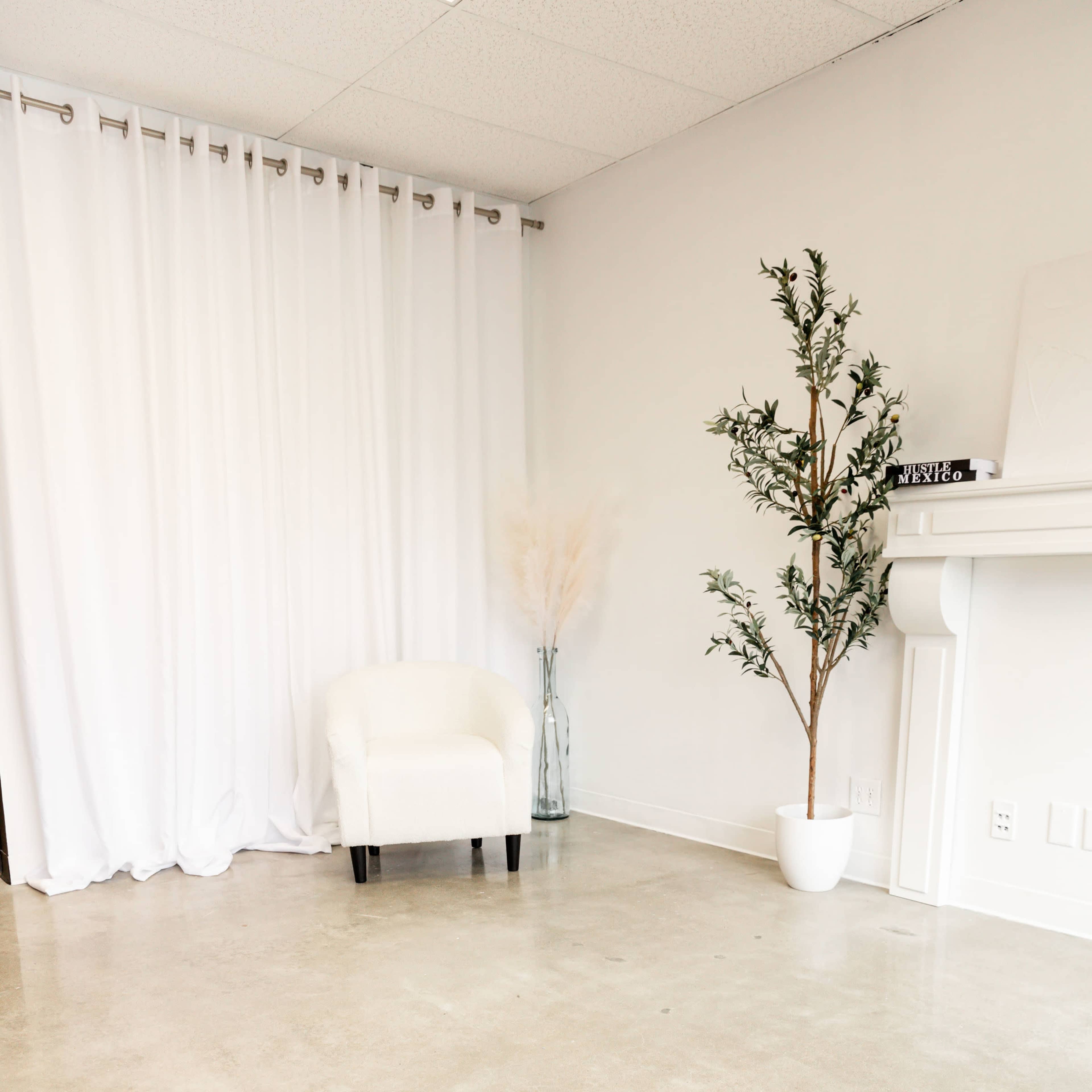 A minimalist interior space featuring a white armchair, a potted plant, and a vase with dried pampas grass against a backdrop of white curtains.