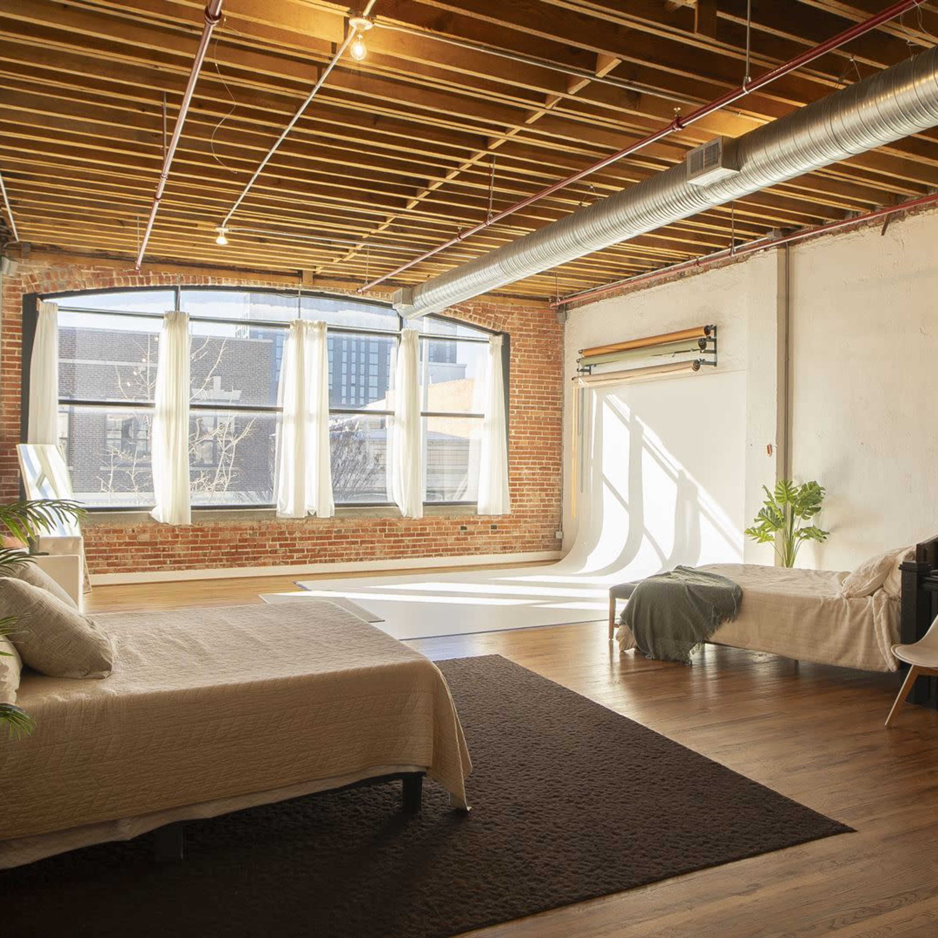 A spacious, minimalist studio features a bed, large windows with sheer curtains, and exposed brick walls, alongside a simple decorative plant and a chair.