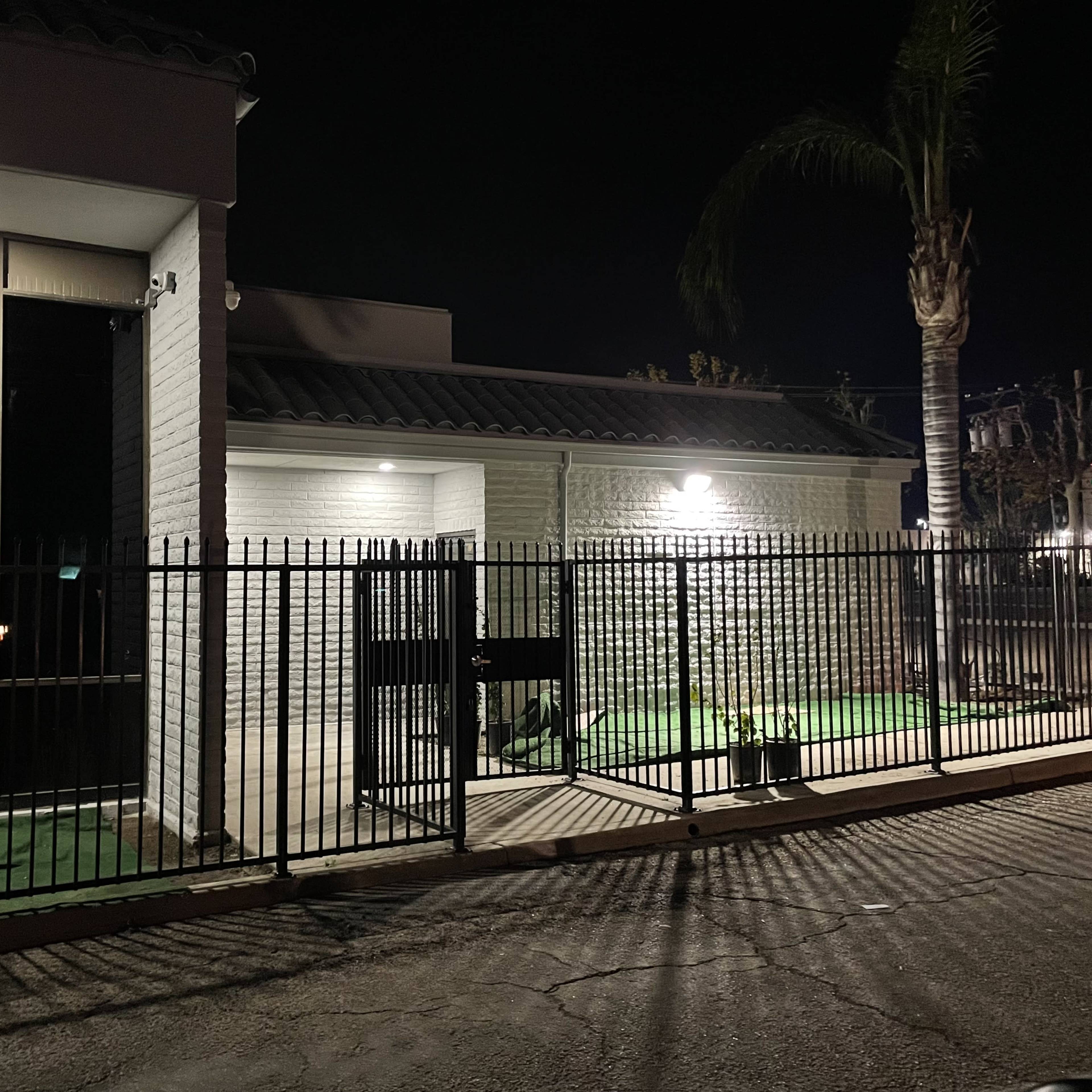 A fenced property at night features a building with large windows and a palm tree nearby.