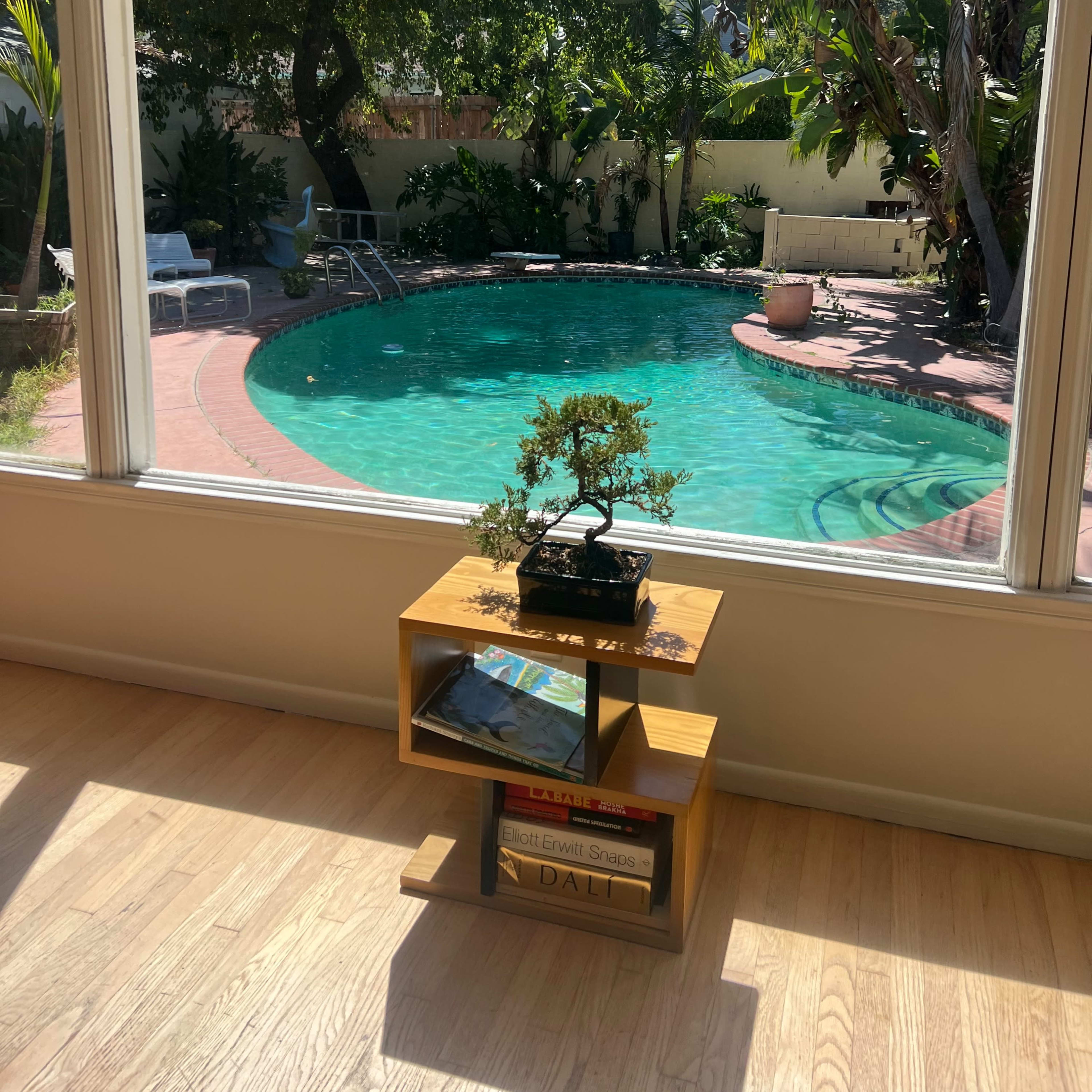 A brightly lit room with a view of a swimming pool surrounded by tropical plants.
