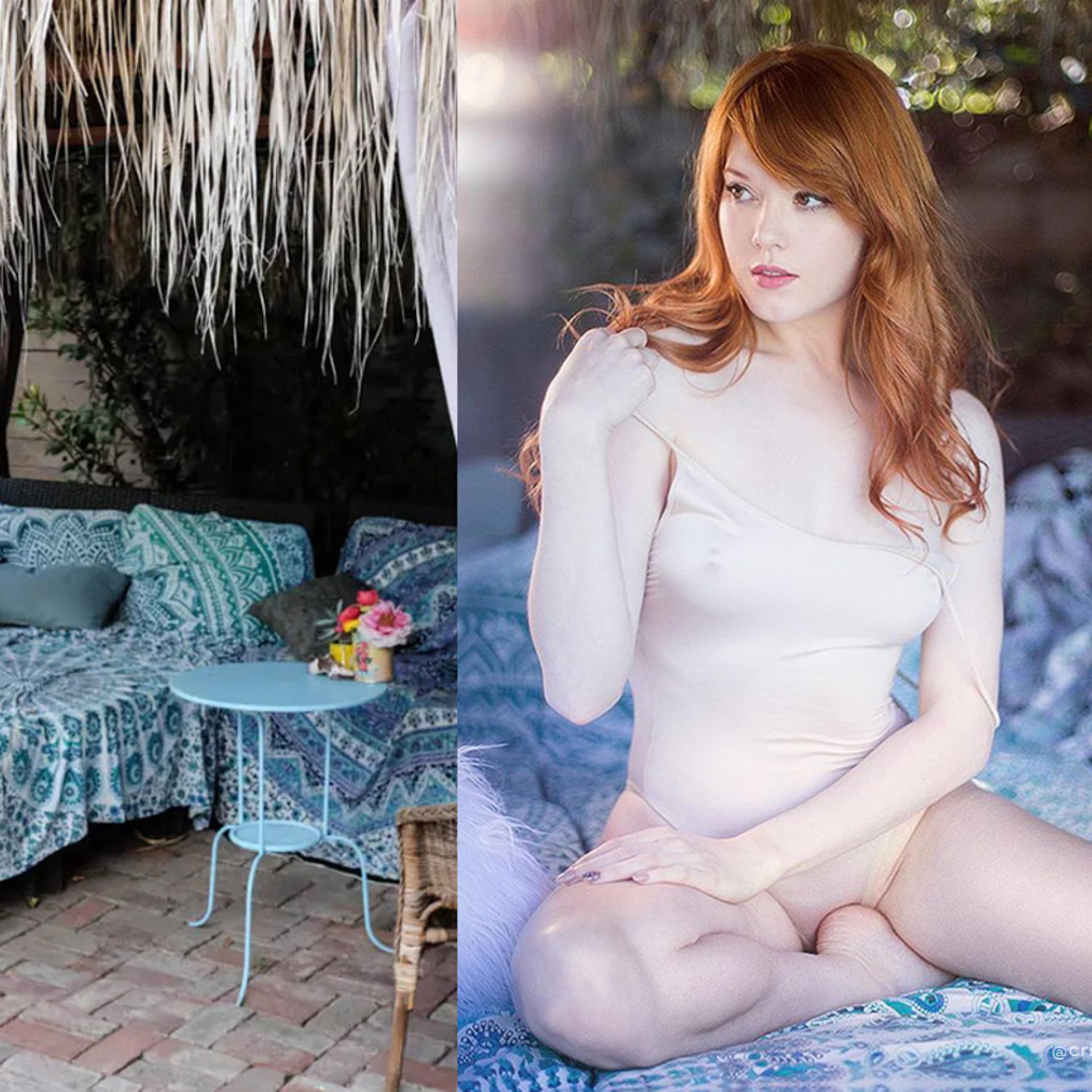 A bohemian-style outdoor seating area with colorful fabrics, cushions, and a small blue table on one side, while the other side shows a woman with long red hair seated in a light-colored outfit.