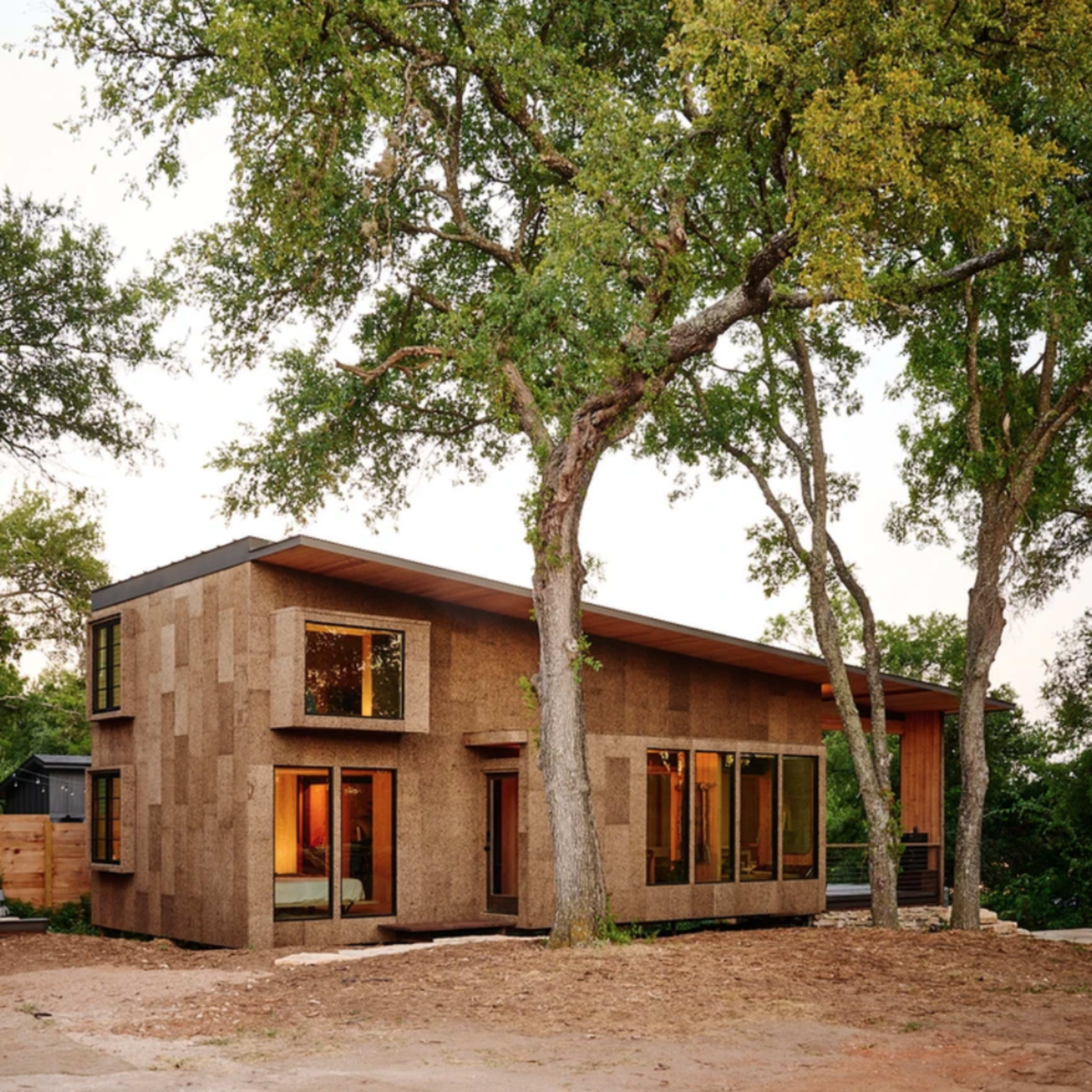 A modern house with a cork exterior is situated among large trees.
