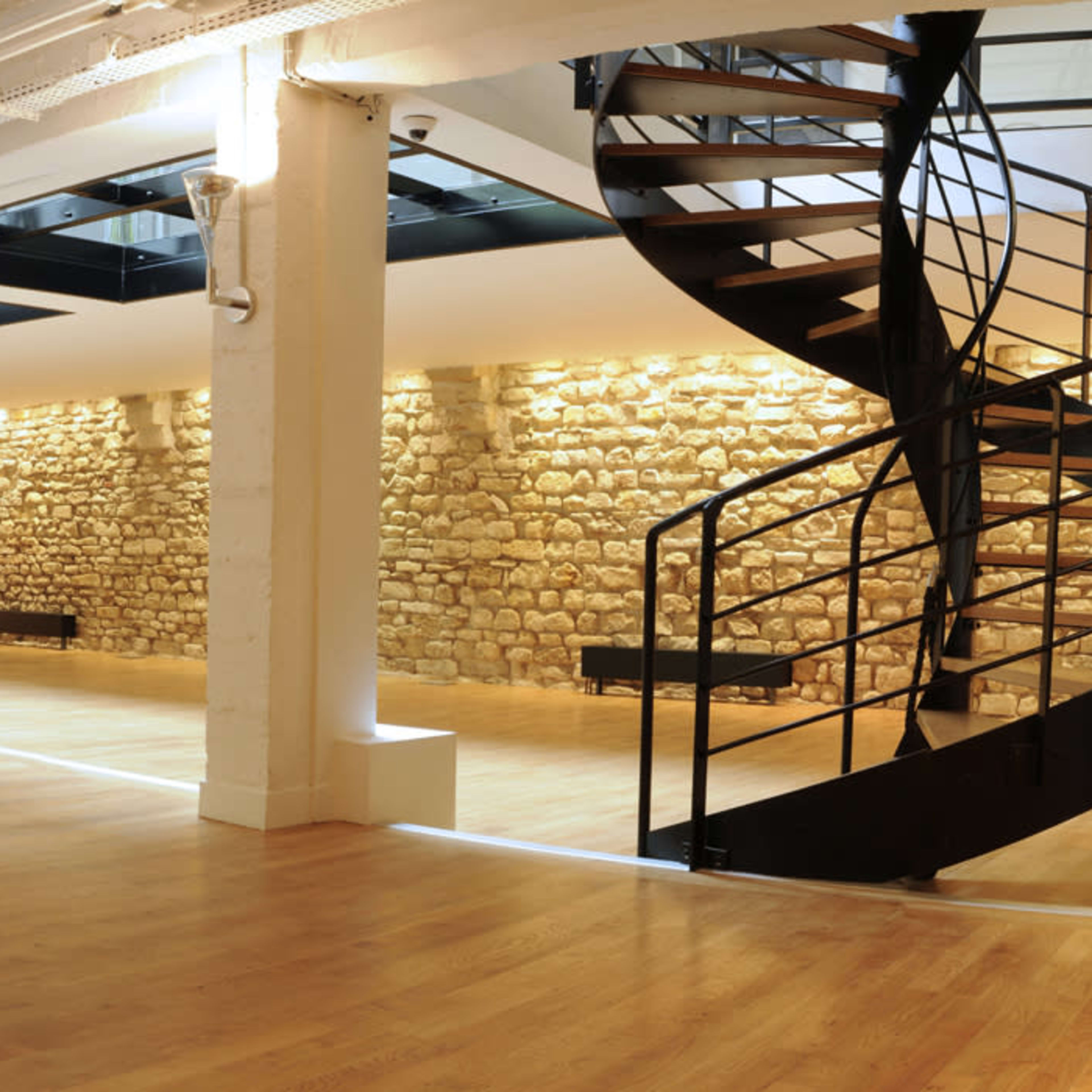 A spacious, modern interior with wooden floors, a sculptural cactus, and a spiral staircase leading to a bright, open area featuring stone walls.