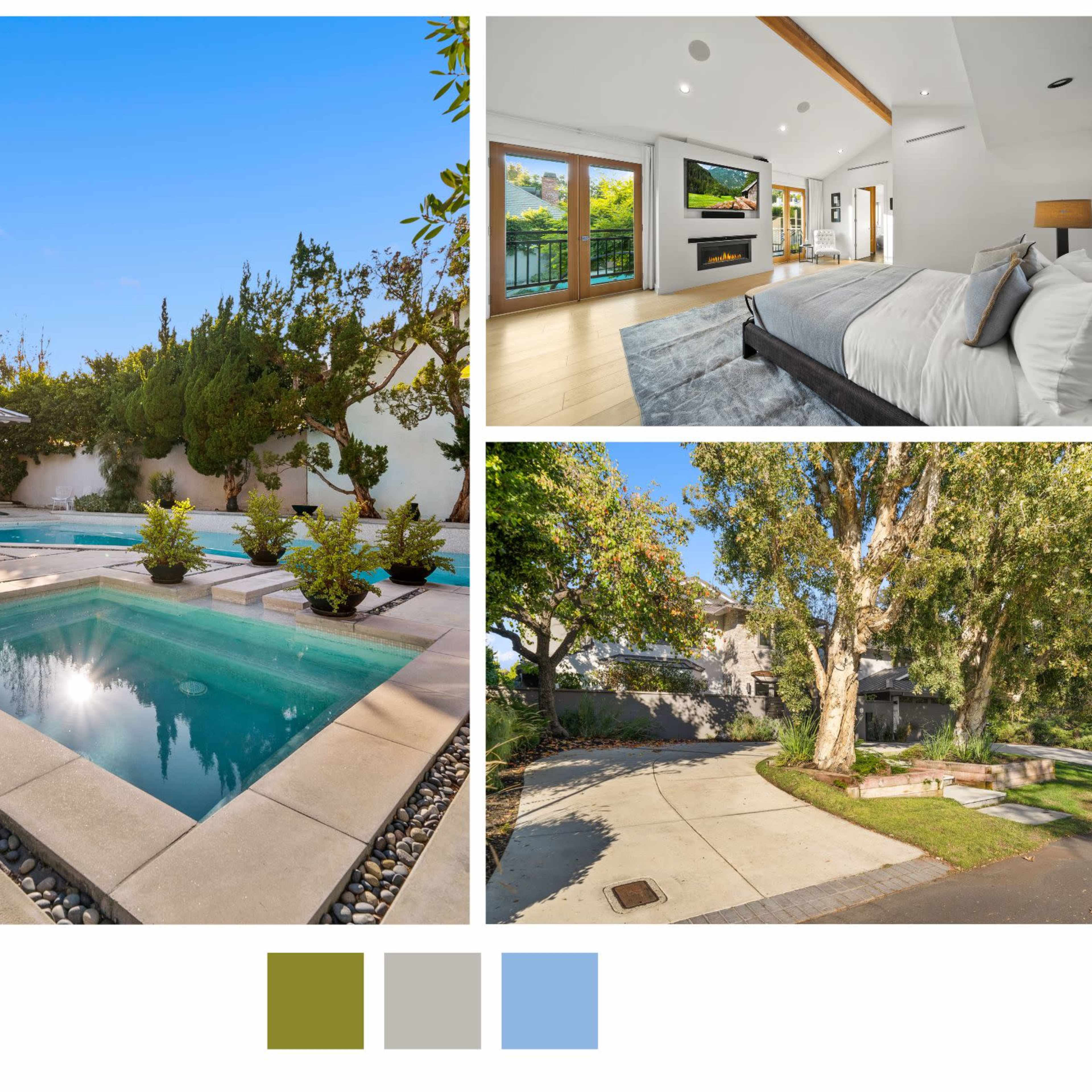 A modern home with a pool, elegant interior rooms, and landscaped outdoor areas.
