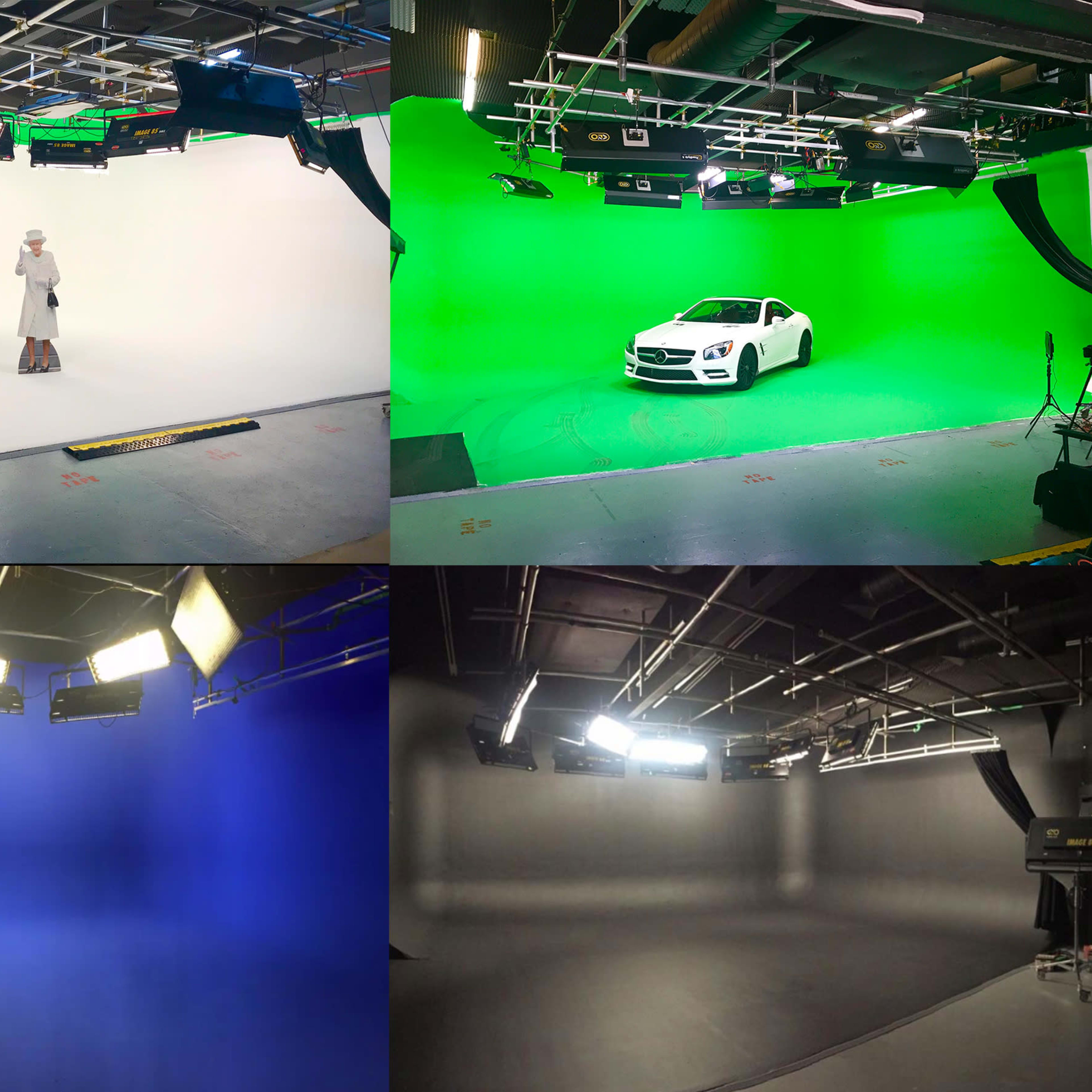 Four different studio setups featuring white, green, blue, and gray backdrops, each equipped with overhead lighting.