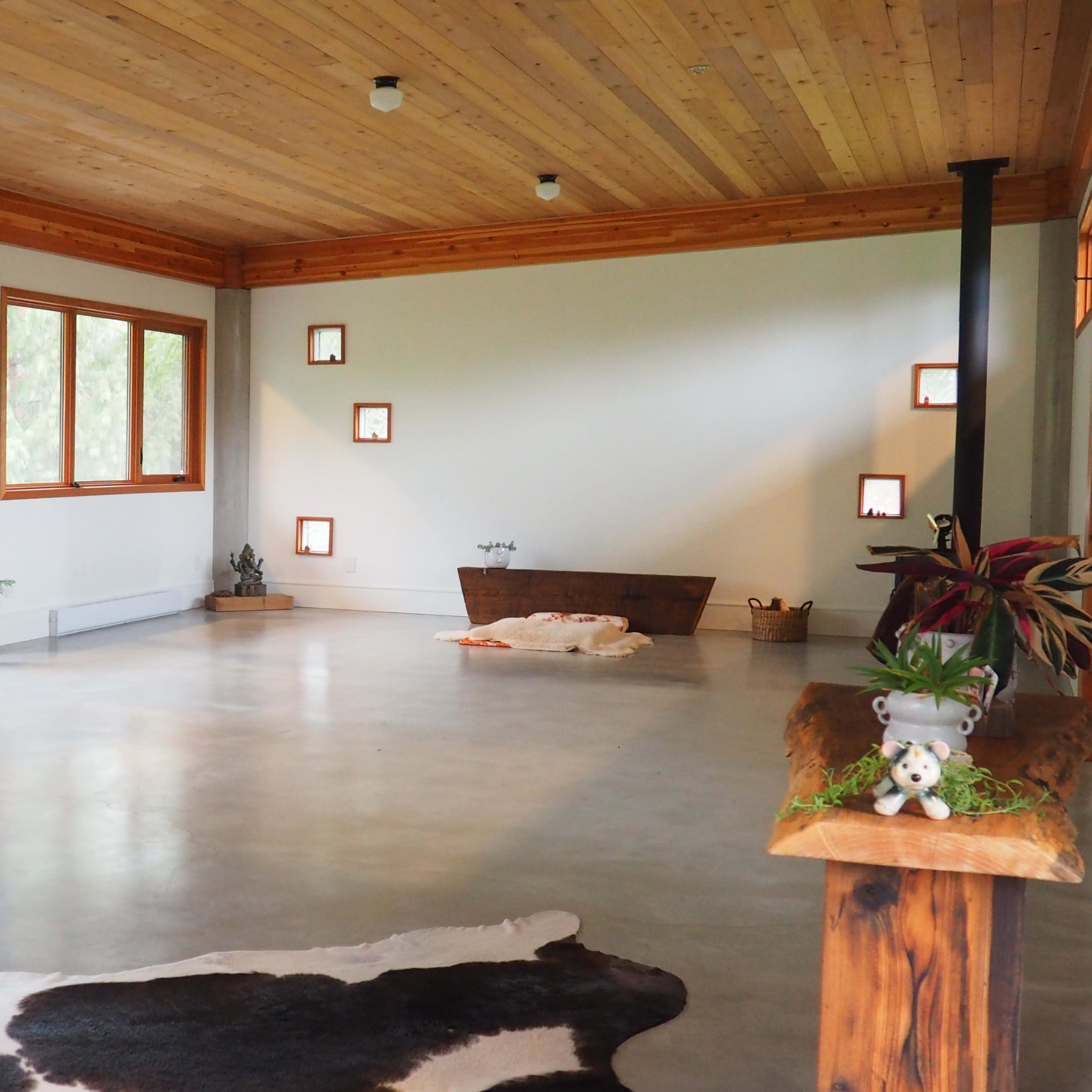 A spacious room with wooden ceilings and large windows, featuring a polished concrete floor, potted plants, and minimalist decor.