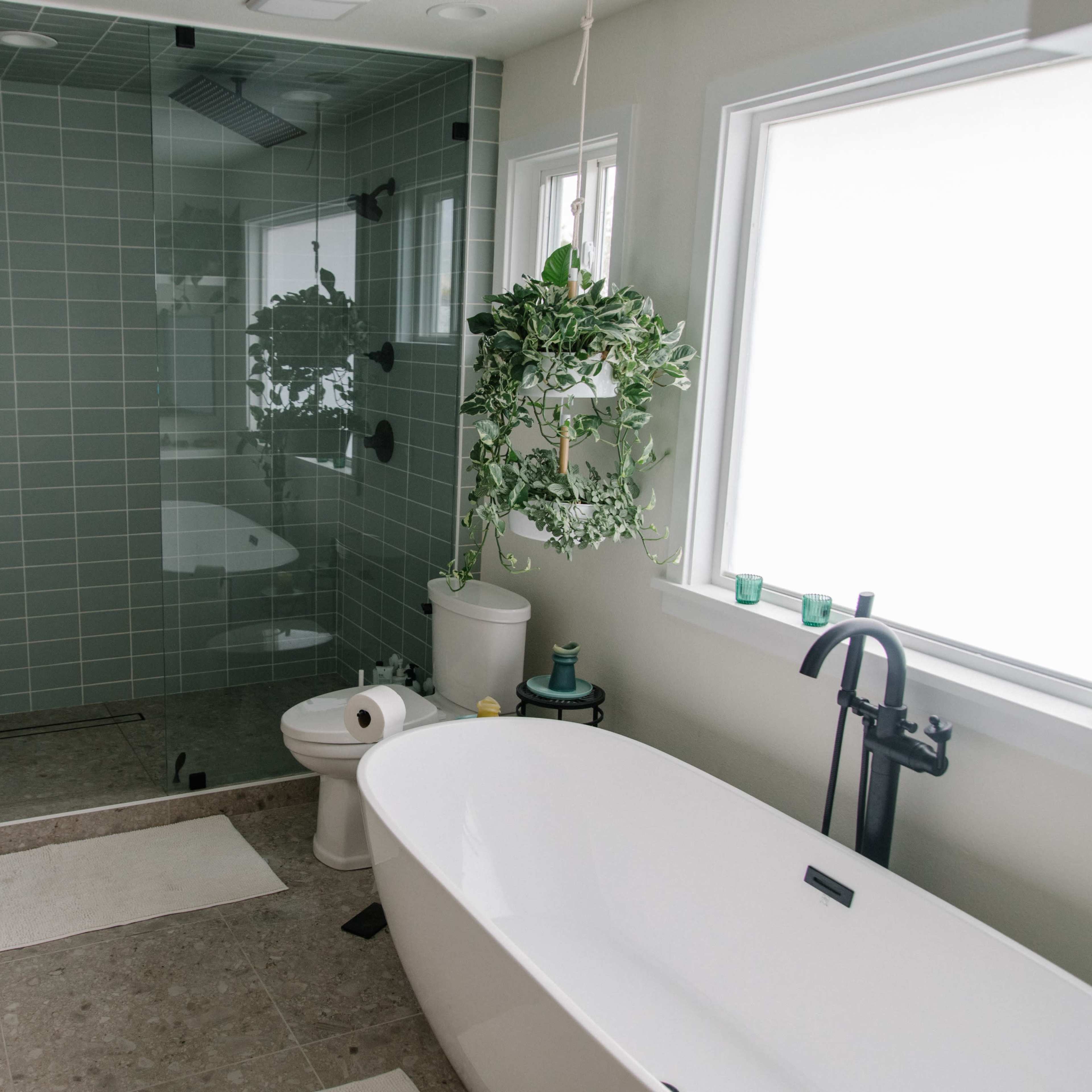 A modern bathroom featuring a freestanding bathtub, a glass-enclosed shower, and a potted plant beside a window.