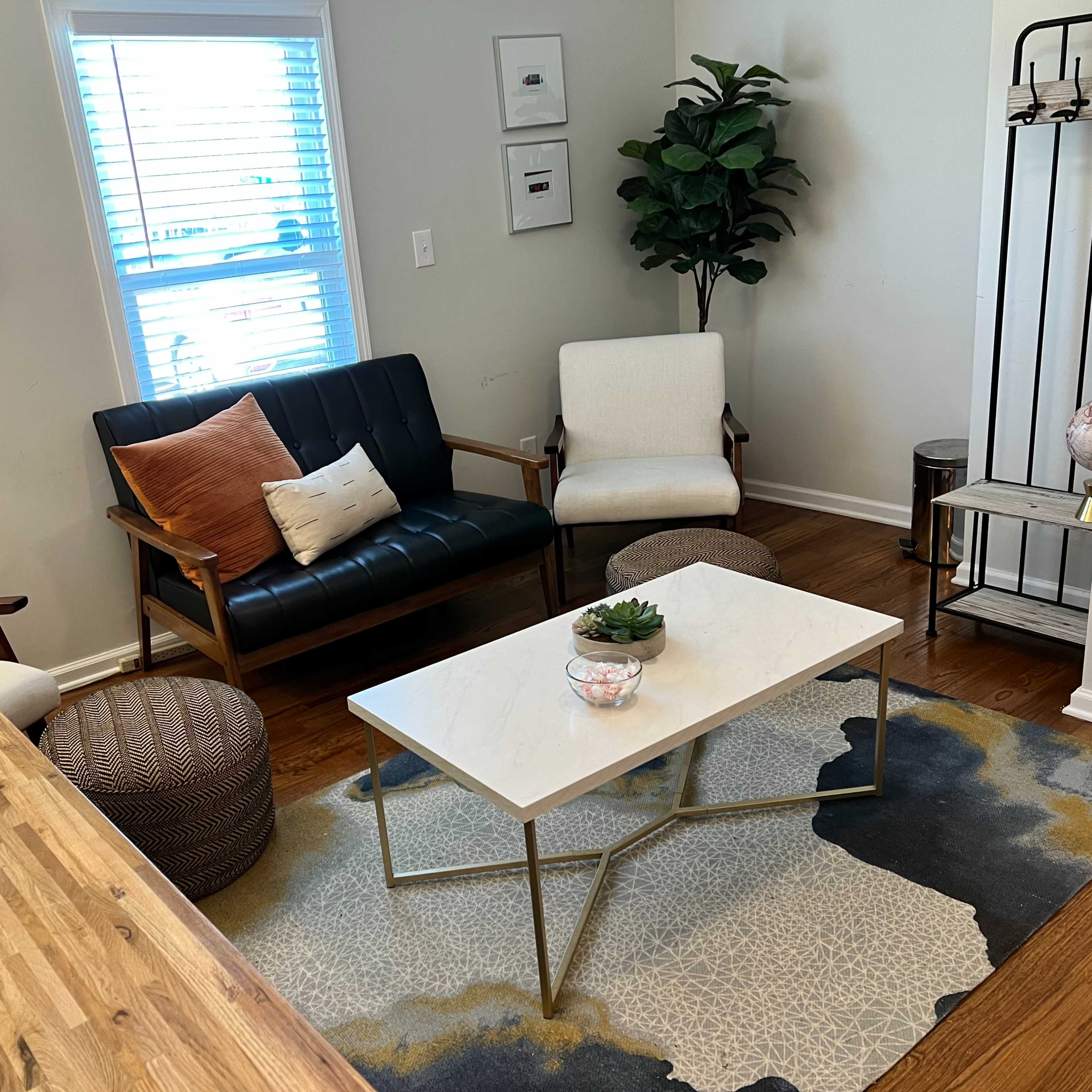 A cozy living room arrangement with a black leather sofa, a white armchair, a coffee table on a colorful rug, and a potted plant near a window.