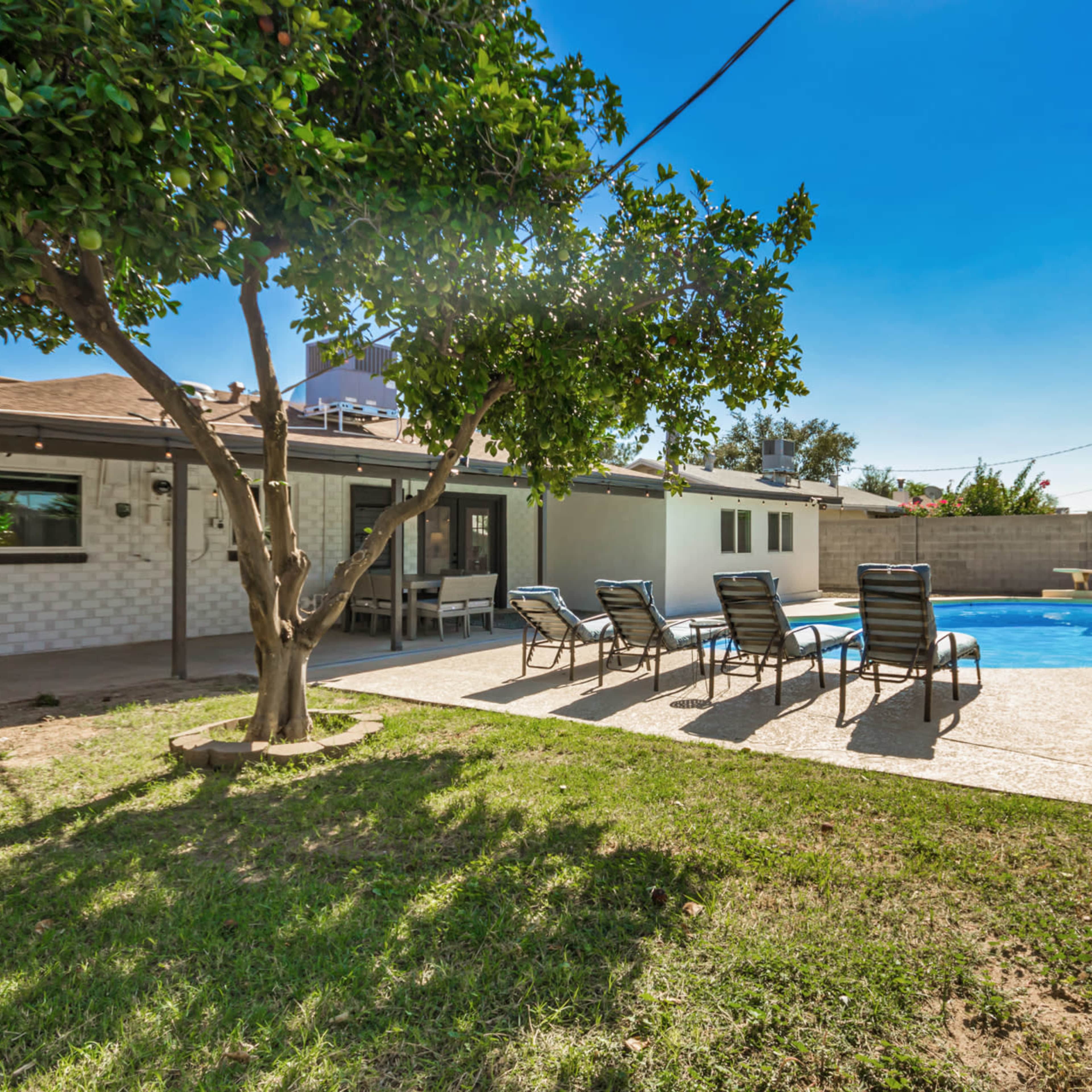 A backyard features a swimming pool surrounded by lounge chairs and grass, with a house and trees in the background.