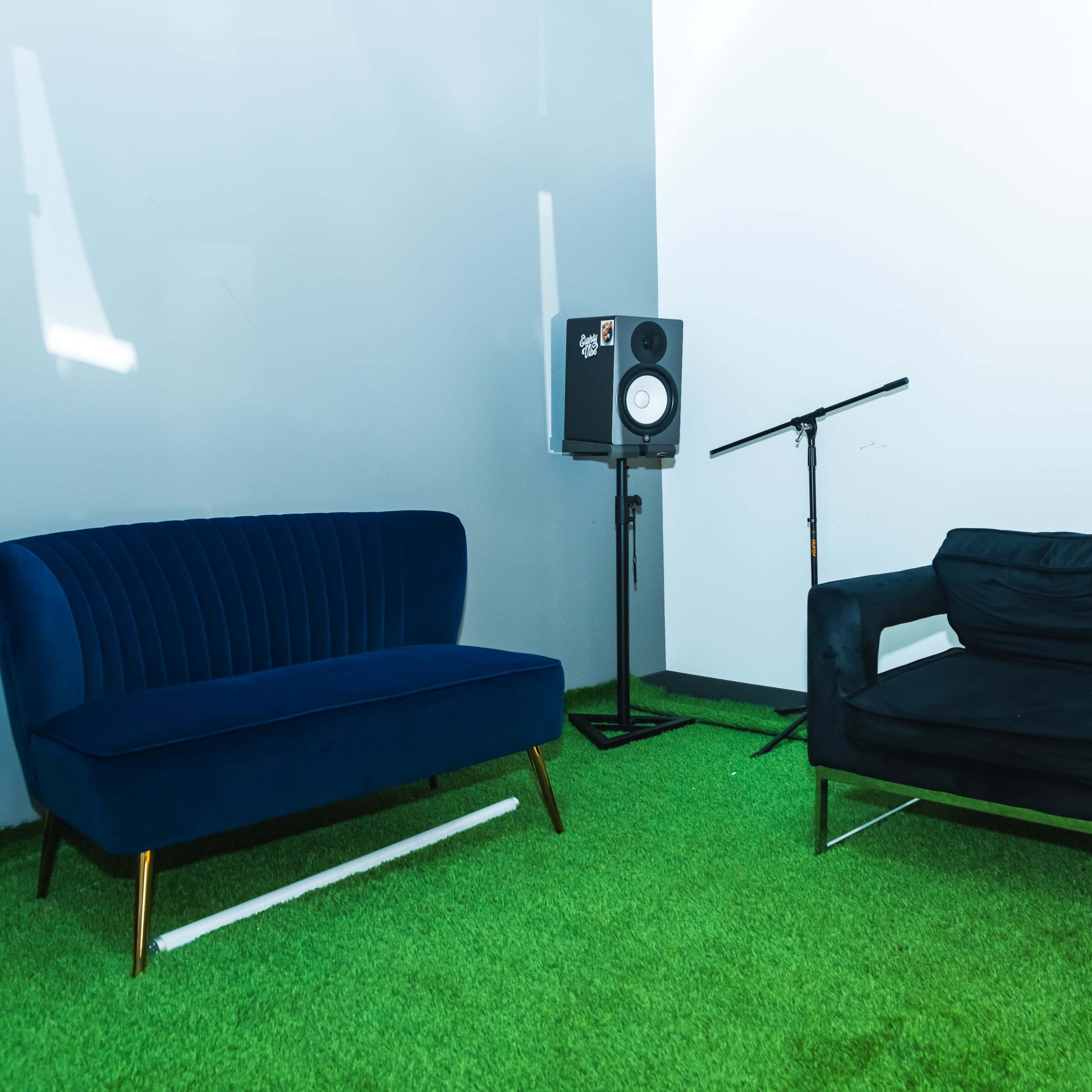 A seating area with a blue velvet sofa and a black armchair on grass-like carpeting, next to a speaker and microphone stand.