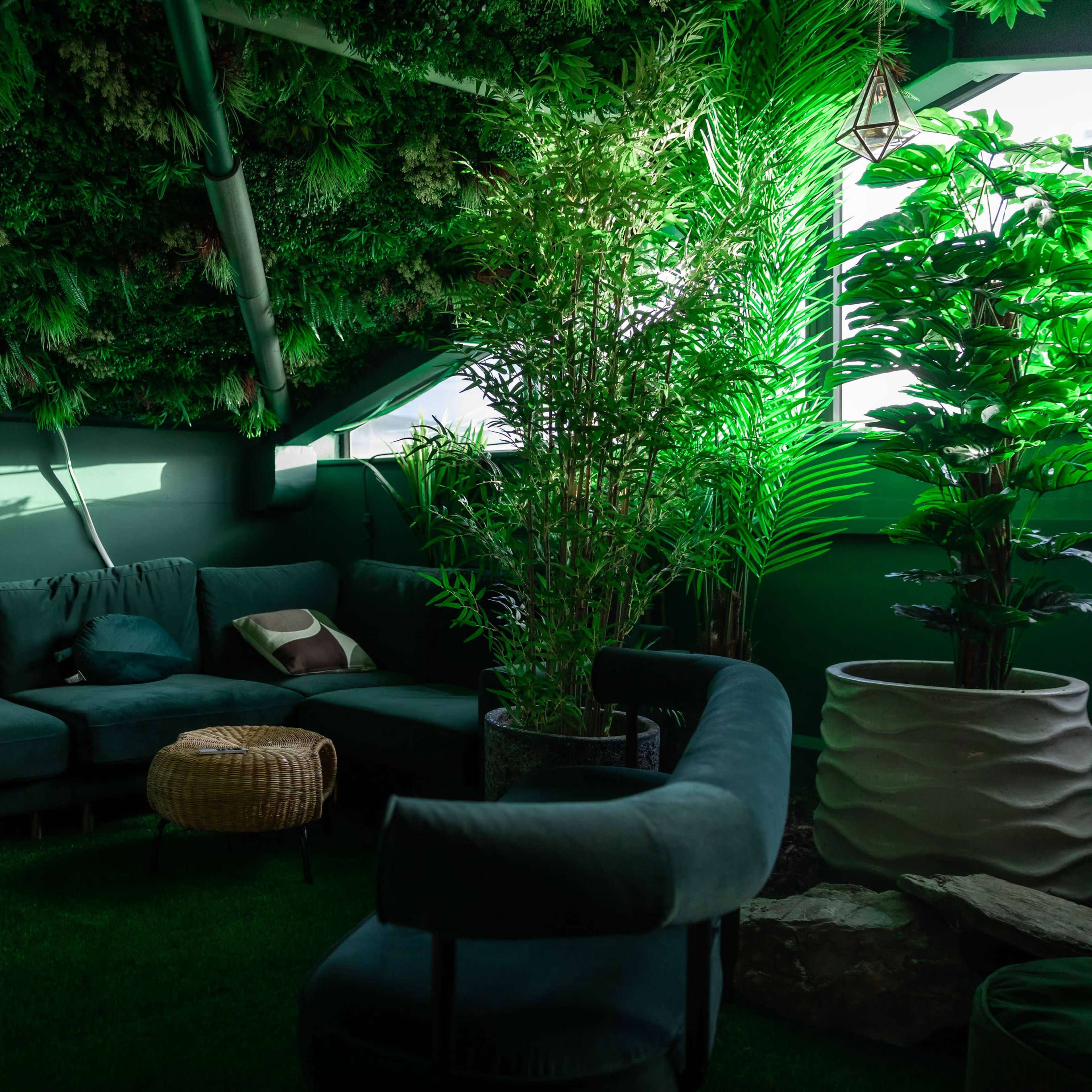 A cozy indoor space filled with various plants, featuring a sectional sofa, a small coffee table, and large windows.