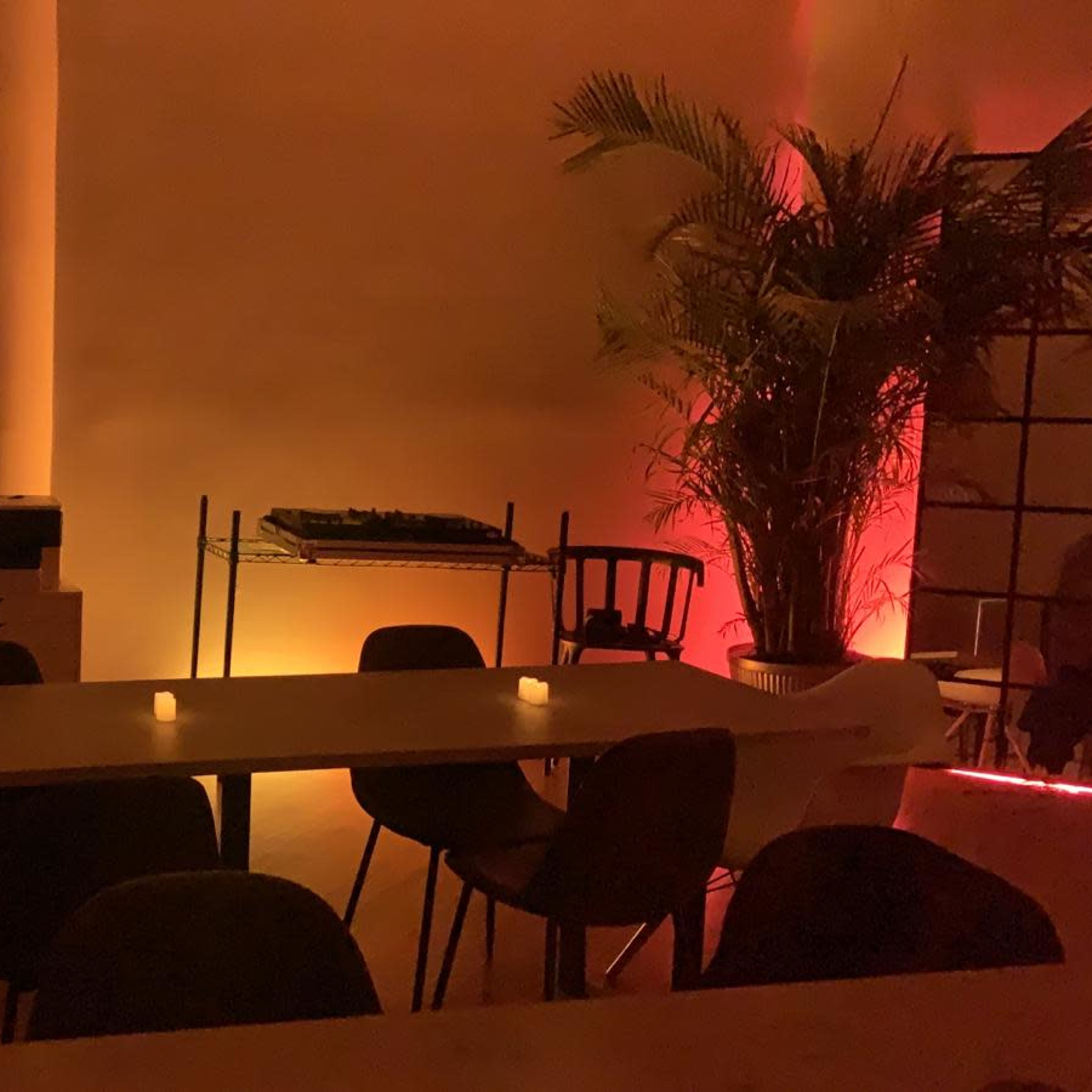 A dimly lit room features a long table surrounded by chairs, with a printer and music equipment in the background and soft lights illuminating a nearby plant.