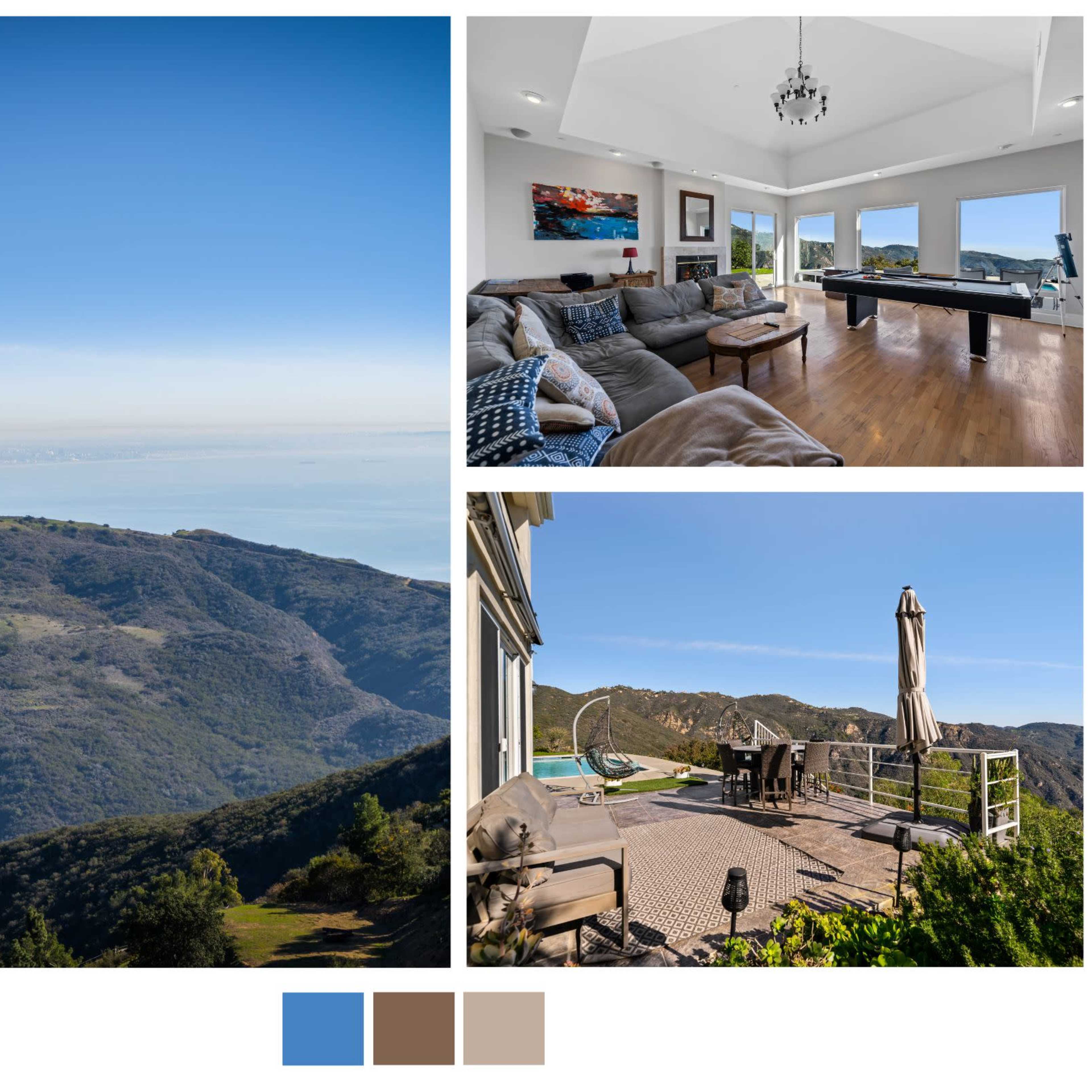 A panoramic view of mountains and the ocean, alongside a modern living room with a pool table and a terrace with outdoor seating and a swimming pool.