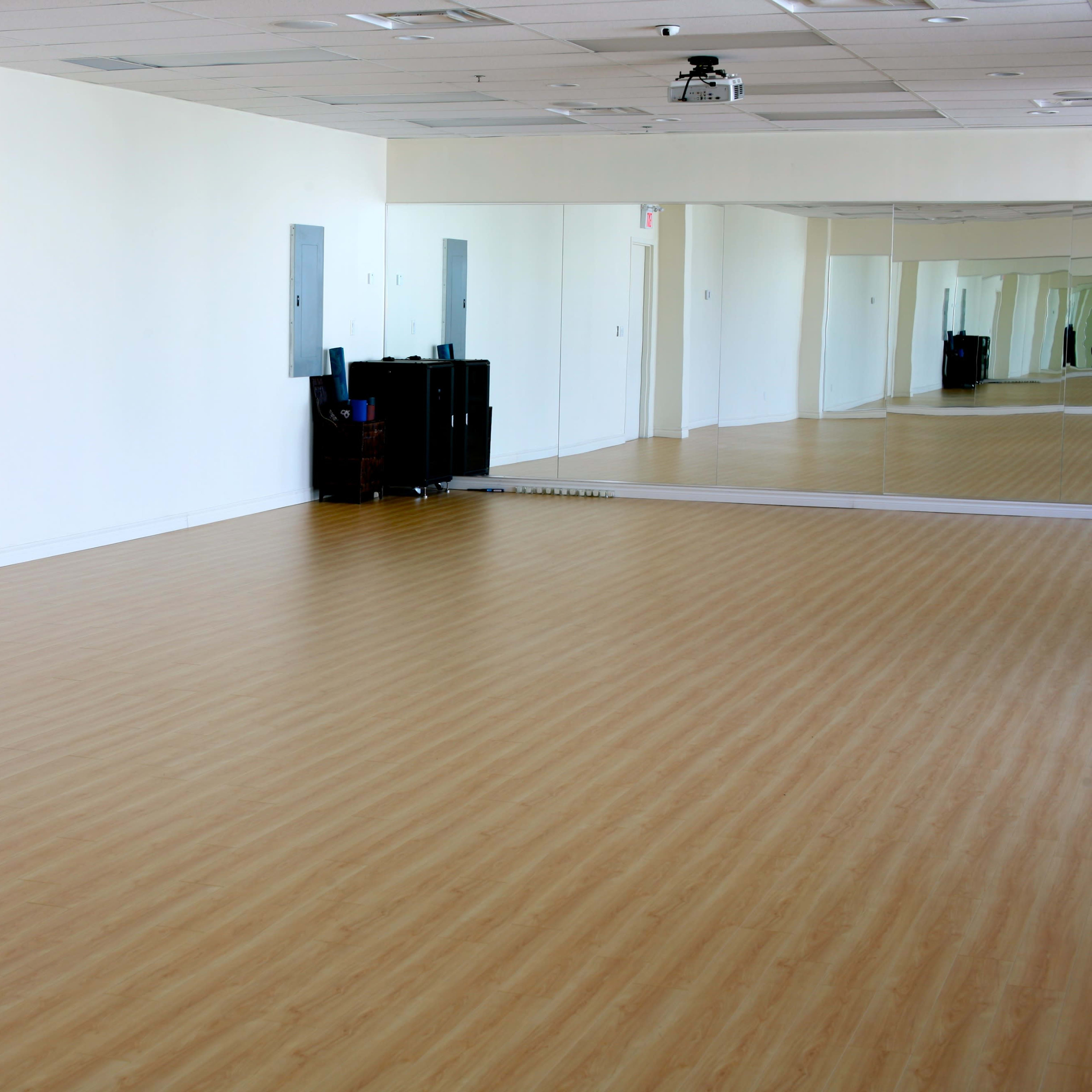 An empty dance studio with light wood flooring, large mirrors on one wall, and a door leading to the outside.