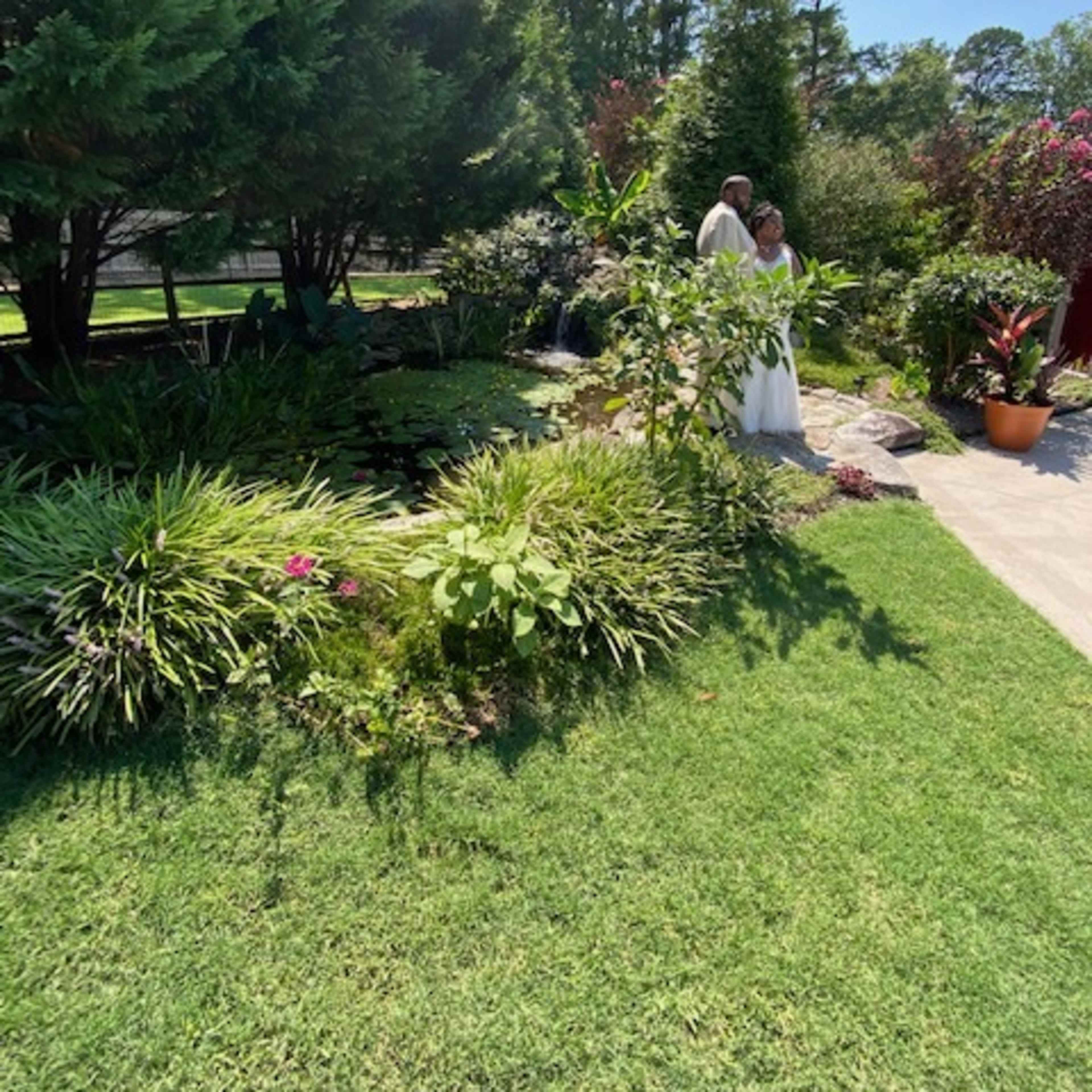 A couple stands together in a lush garden filled with greenery and flowers under a clear blue sky.