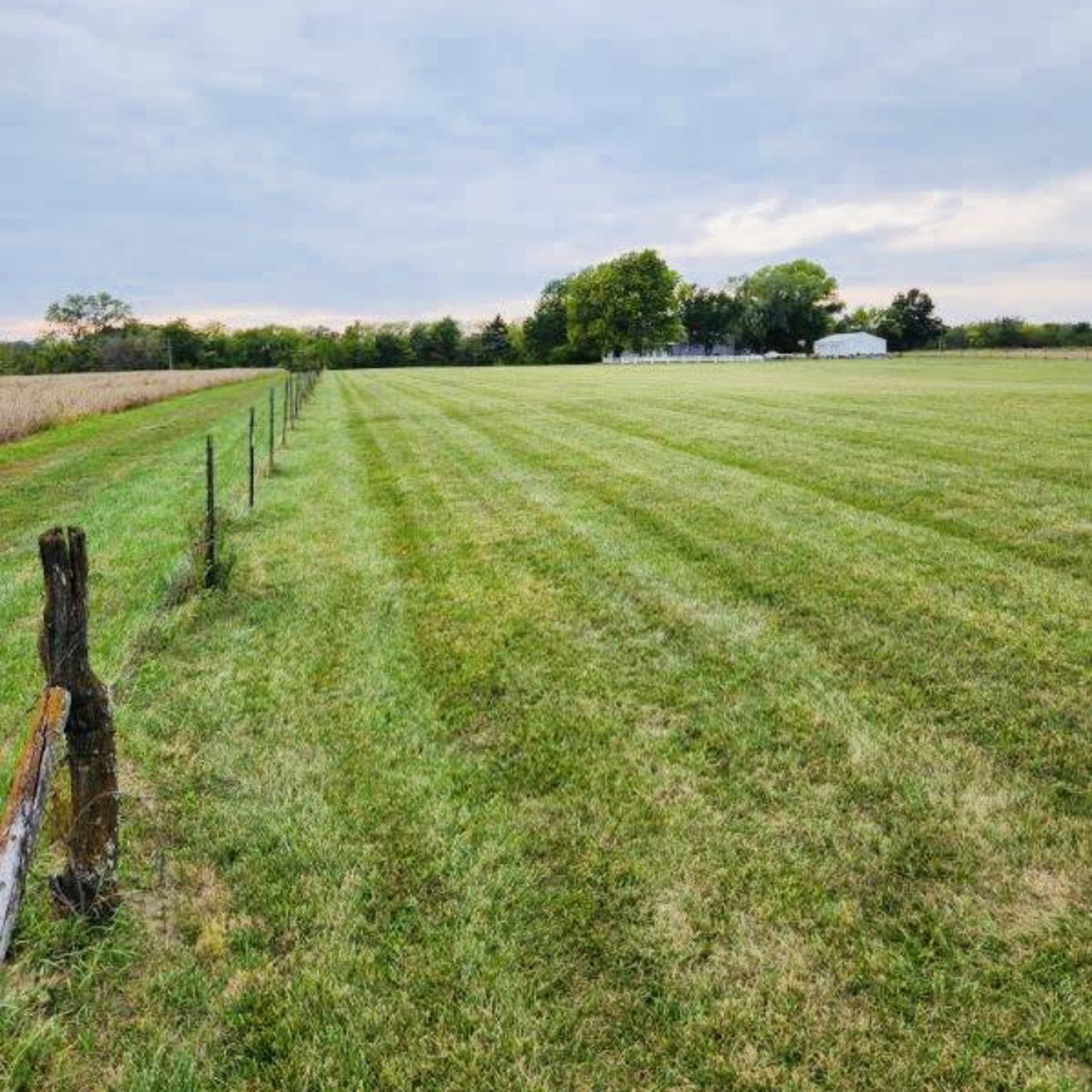 A wide grass field stretches alongside a fenced area, with trees and a building visible in the distance under a cloudy sky.