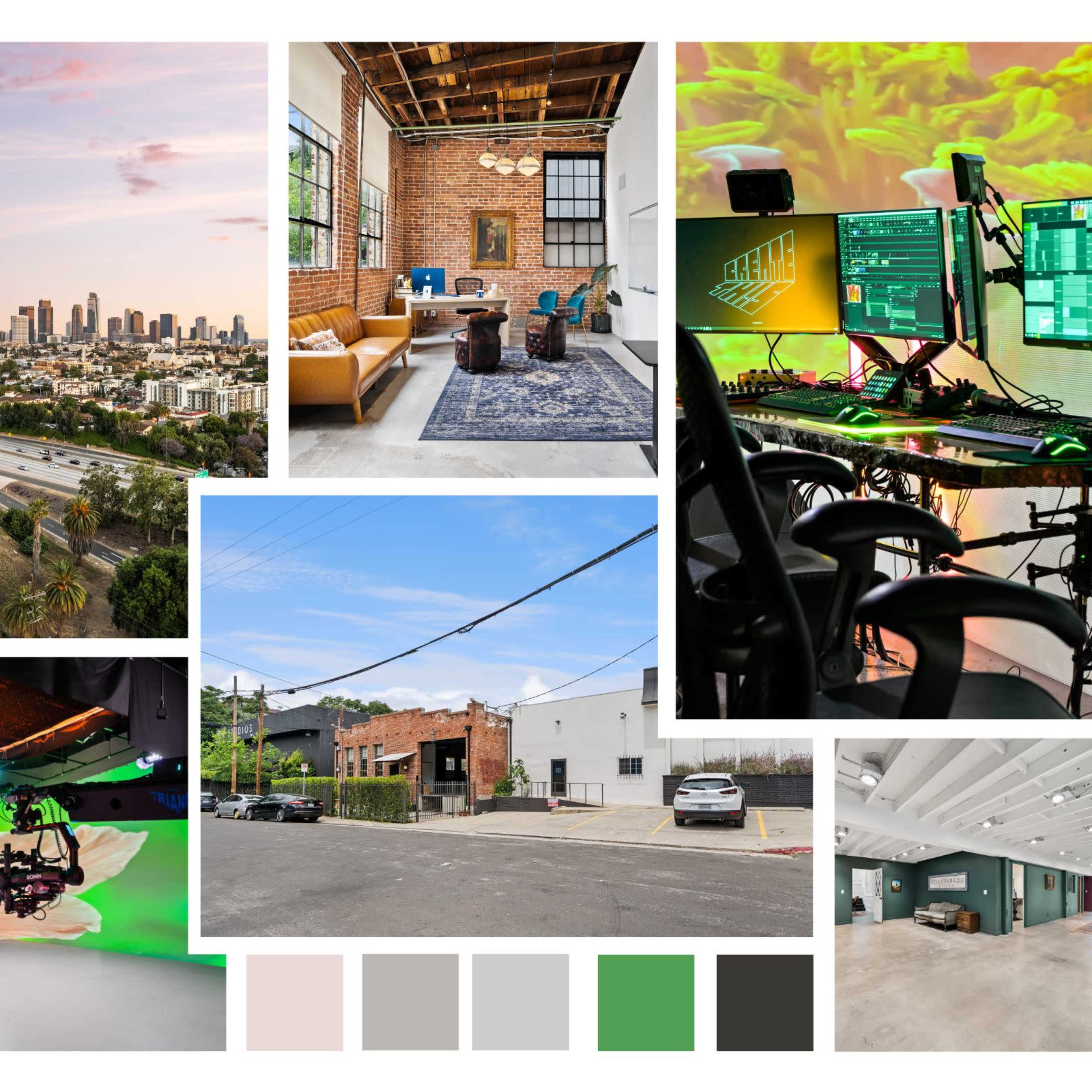 Features a variety of scenes, including a city skyline, a modern interior with furniture, a technology workspace with dual monitors, and various studio or outdoor settings.