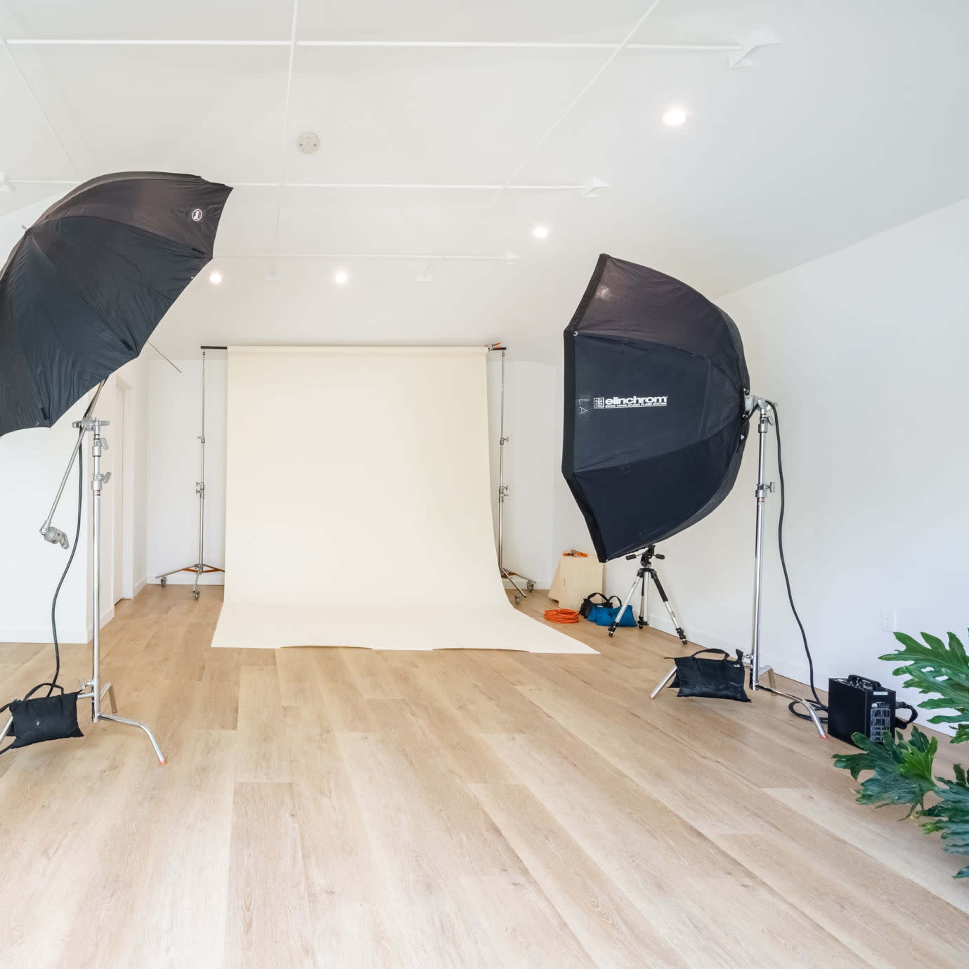 A photography studio equipped with softbox lights, a neutral backdrop, and kitchen amenities in the background.