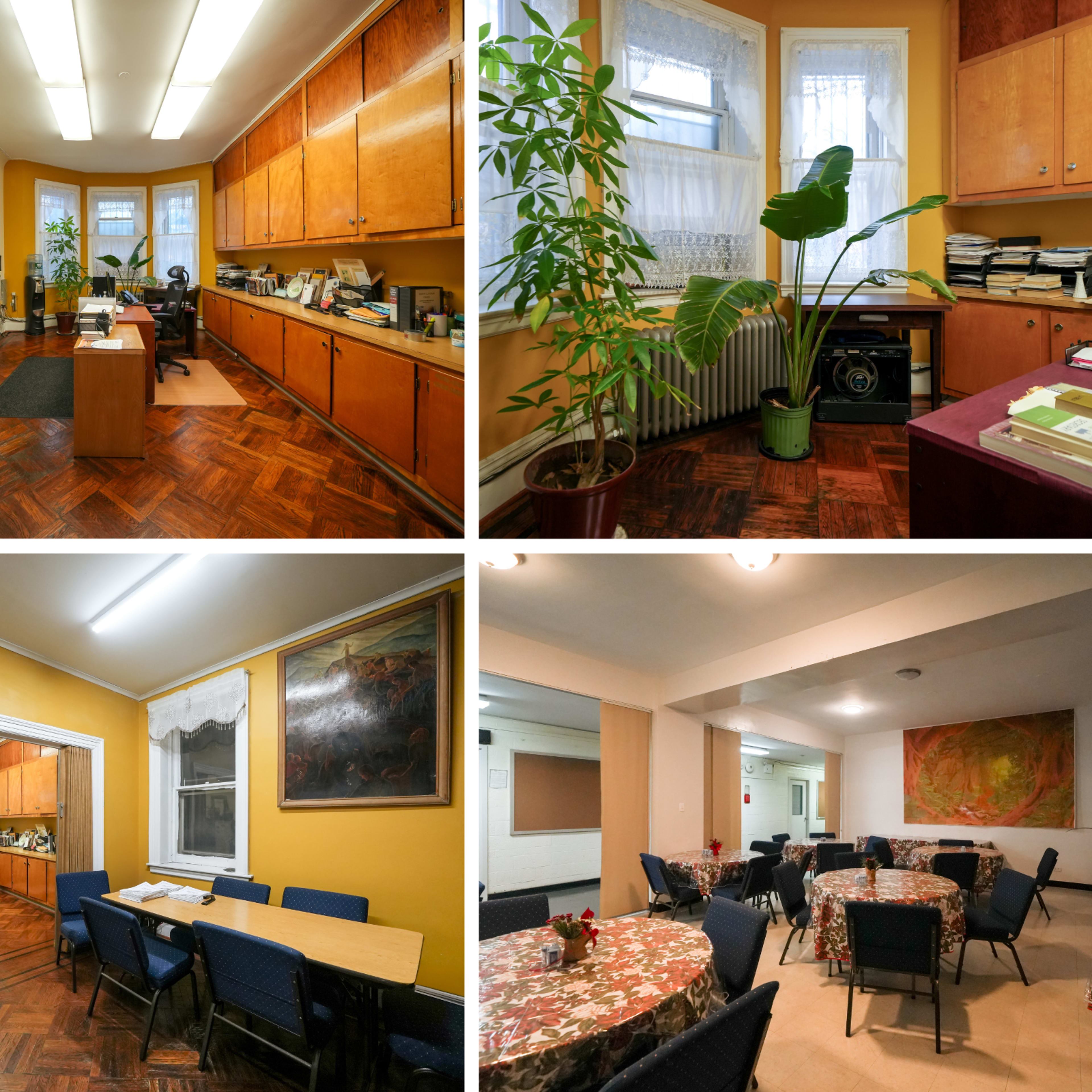 A spacious office with wooden cabinetry, a dining area with tables and chairs, and a waiting room featuring plants and bookshelves.