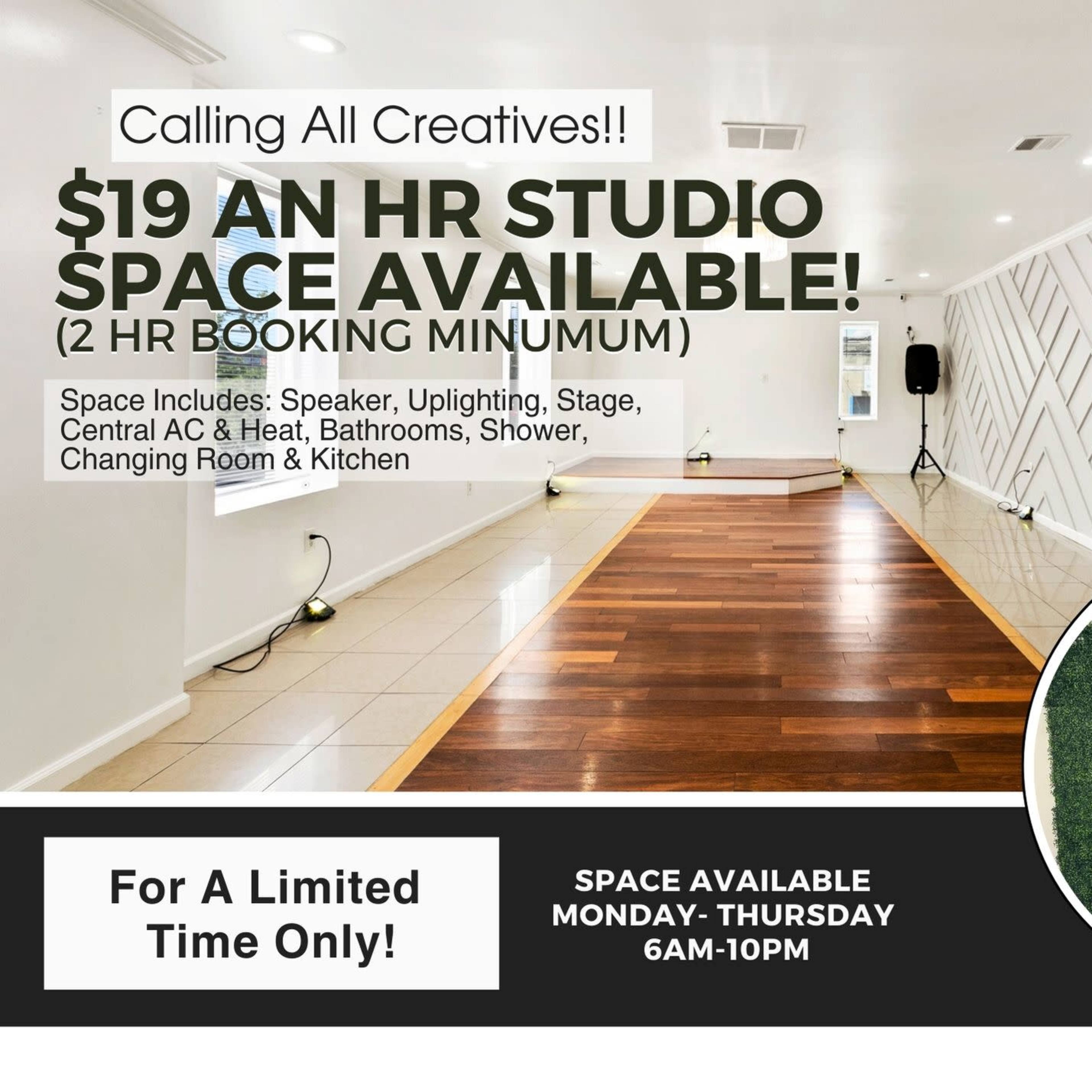 An advertisement for studio space rental, highlighting a price of $19 per hour with various amenities and a limited-time offer for a free grass backdrop.