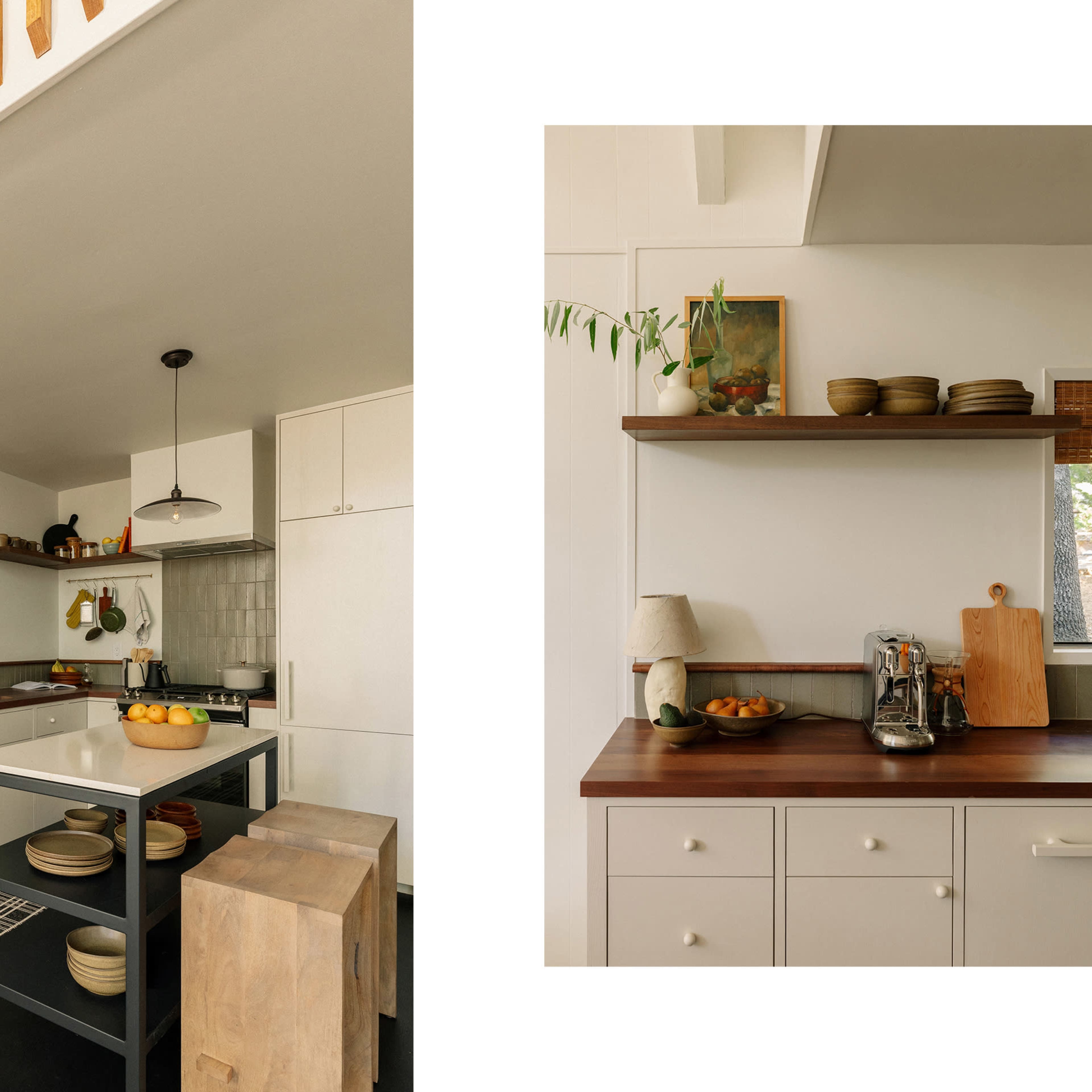 A modern kitchen with a central island, open shelving displaying dishes, and a combination of light and wooden tones.
