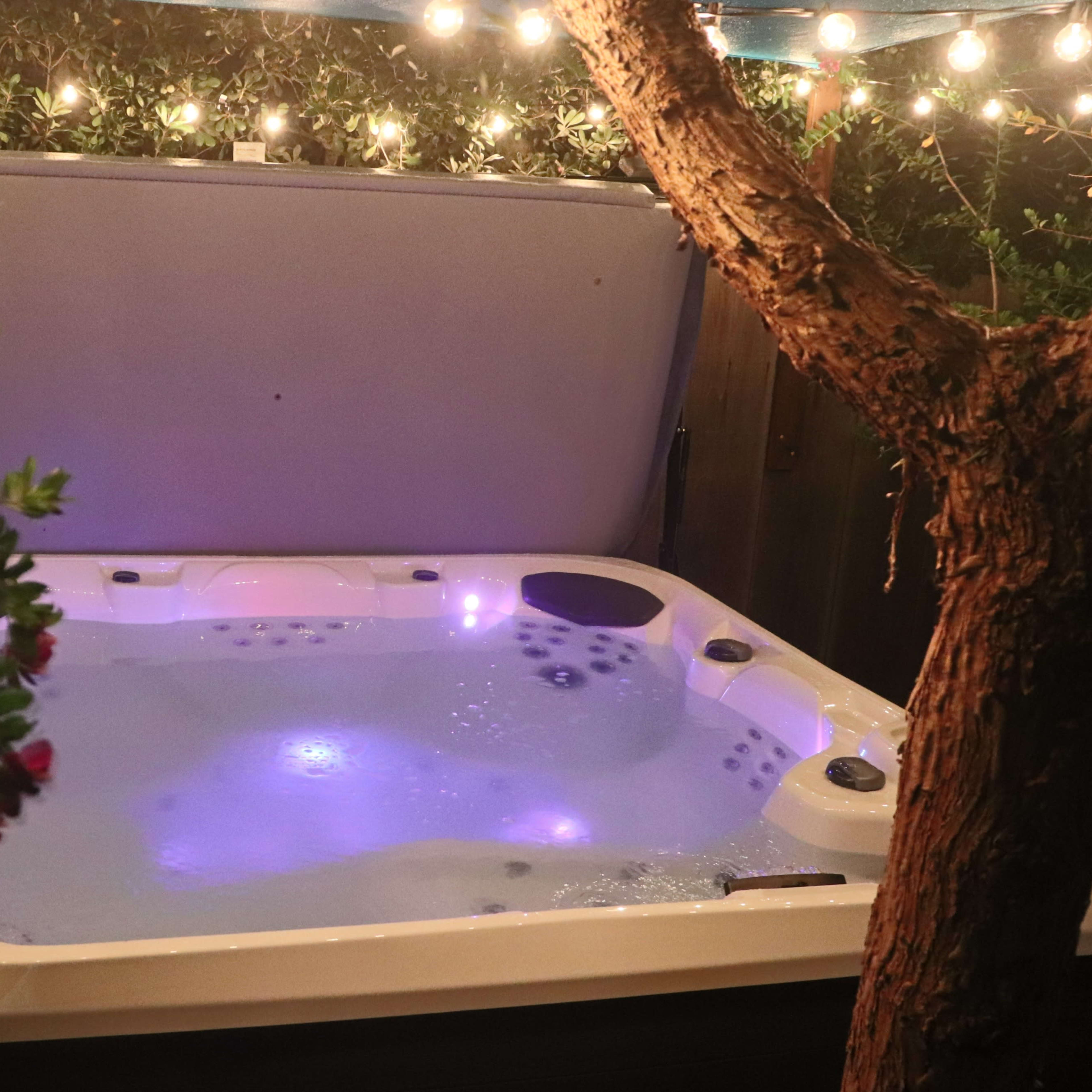 A hot tub with illuminated water is surrounded by greenery and string lights in a backyard setting.