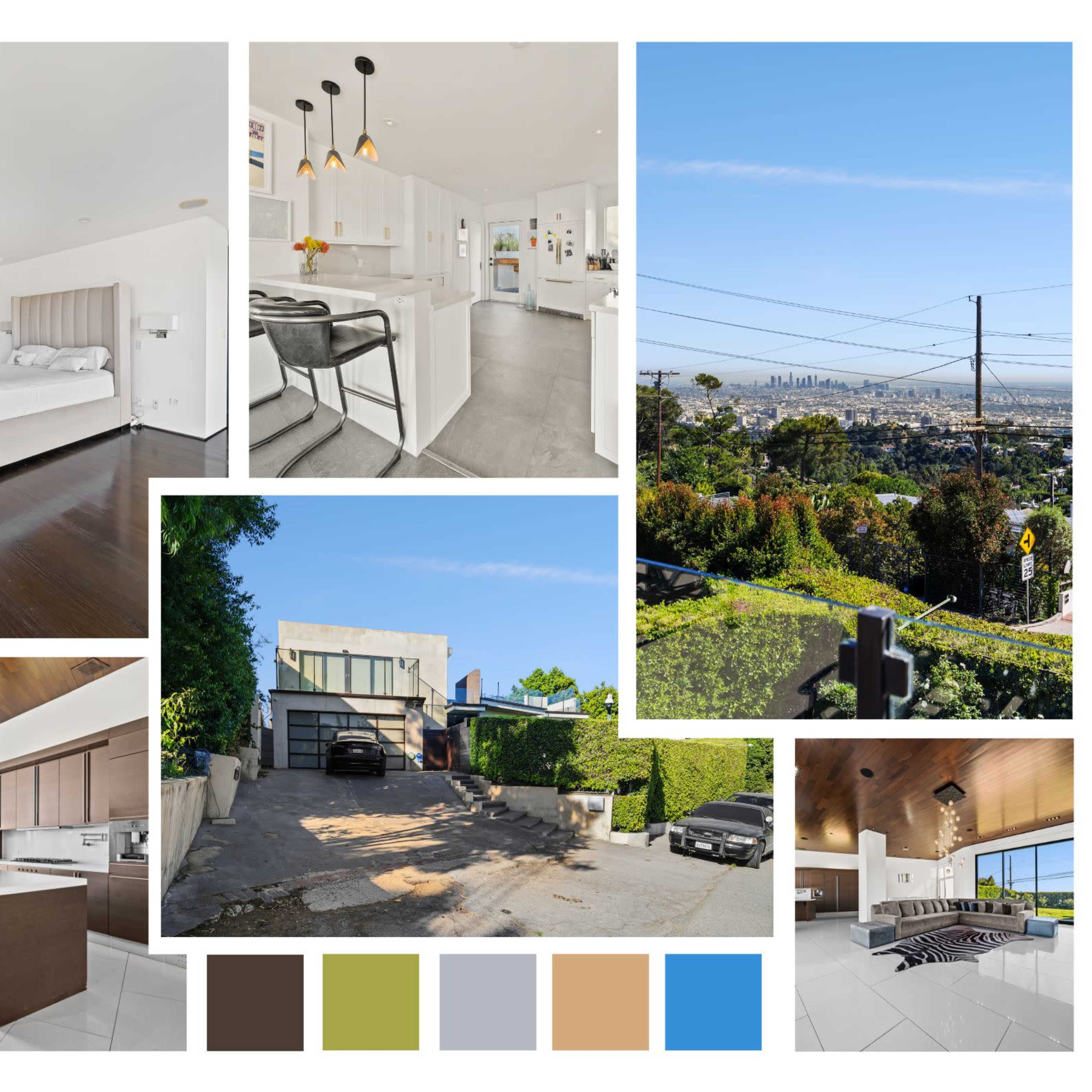 A modern house with various interior and exterior views, including a kitchen, living area, and a panoramic view of a city skyline.