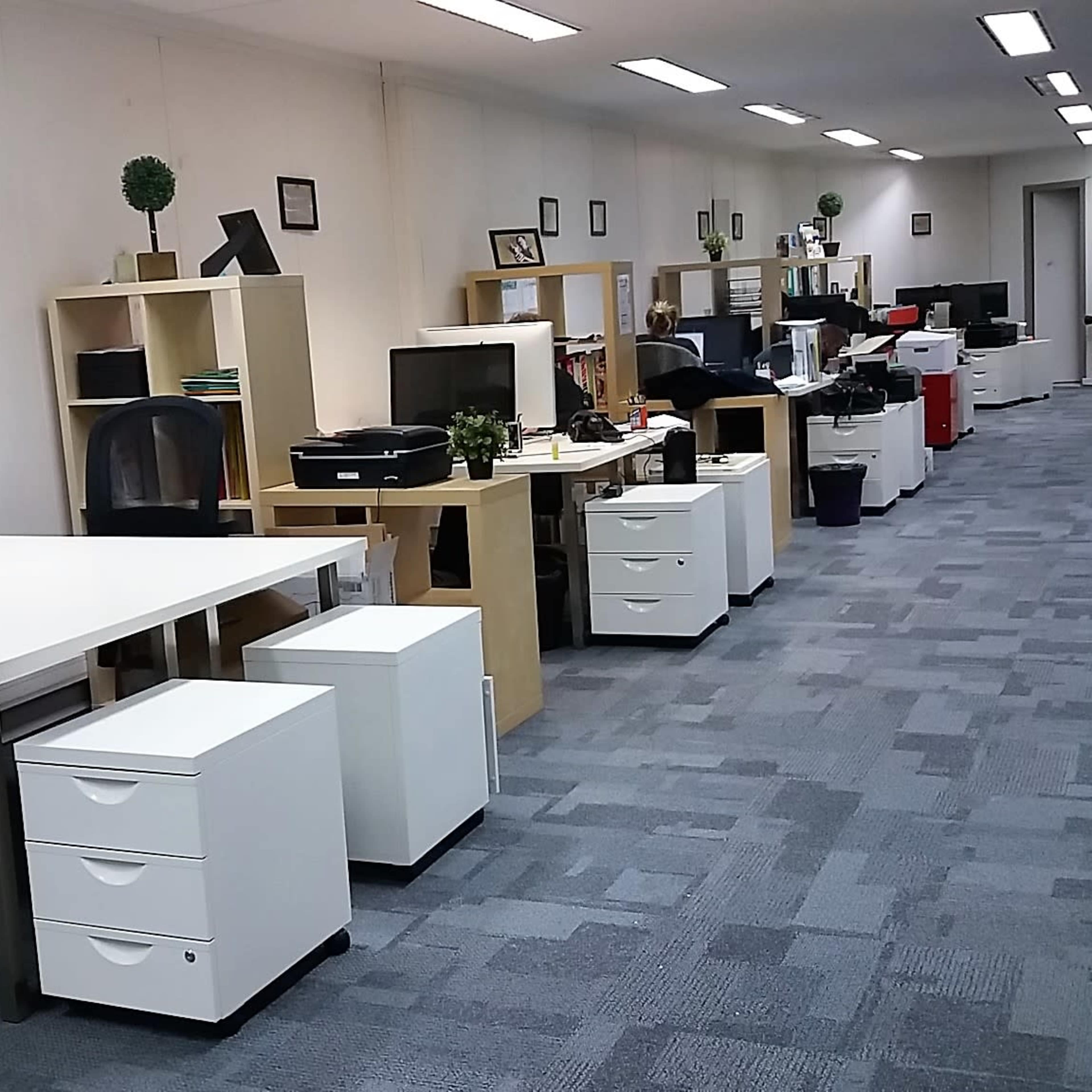A long, organized office space with desks, chairs, shelving units, computers, and decorative plants.
