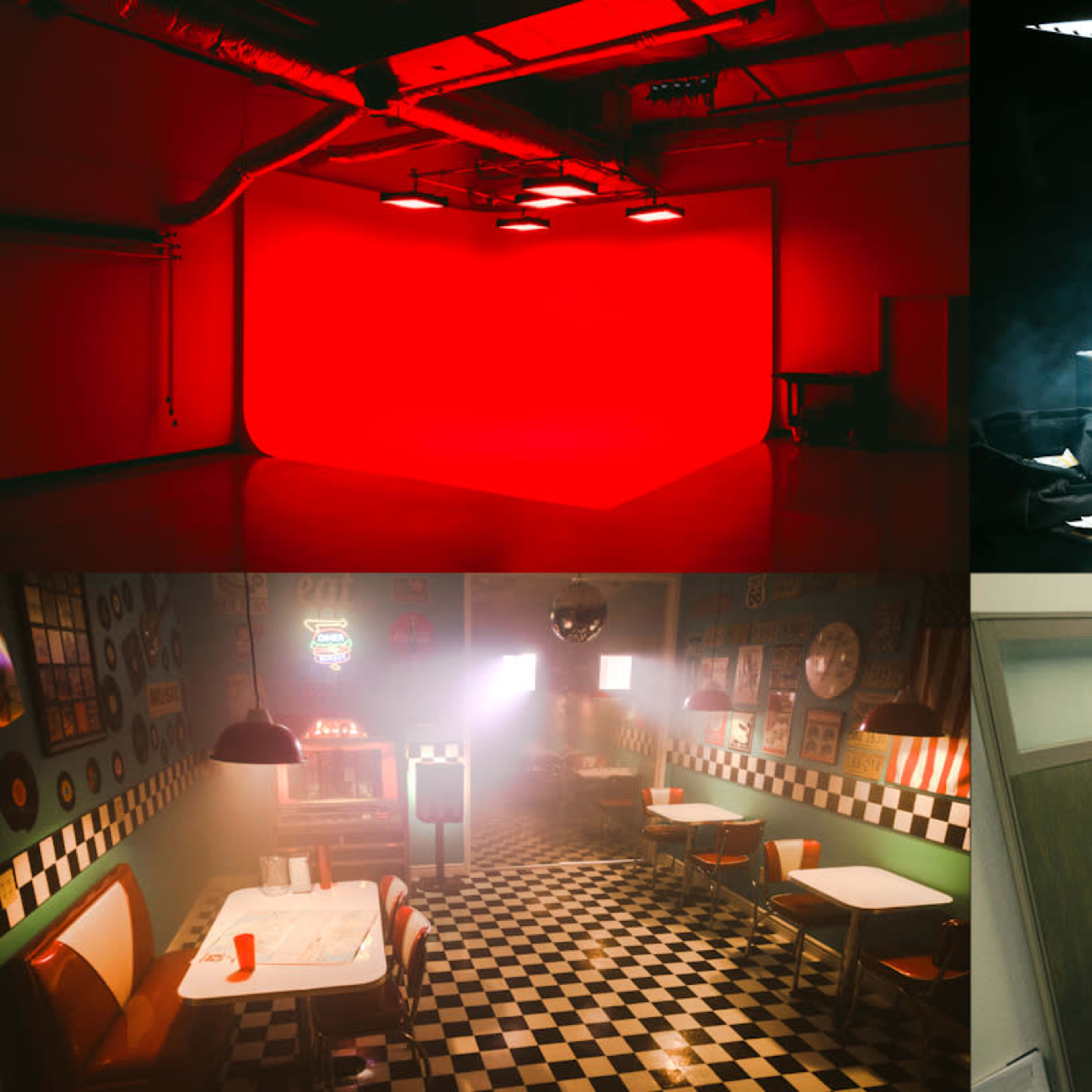 Four distinct scenes: a red-lit studio, a dimly lit area with shelves and smoke, a vintage diner with checkered flooring, and an office workspace filled with older technology.