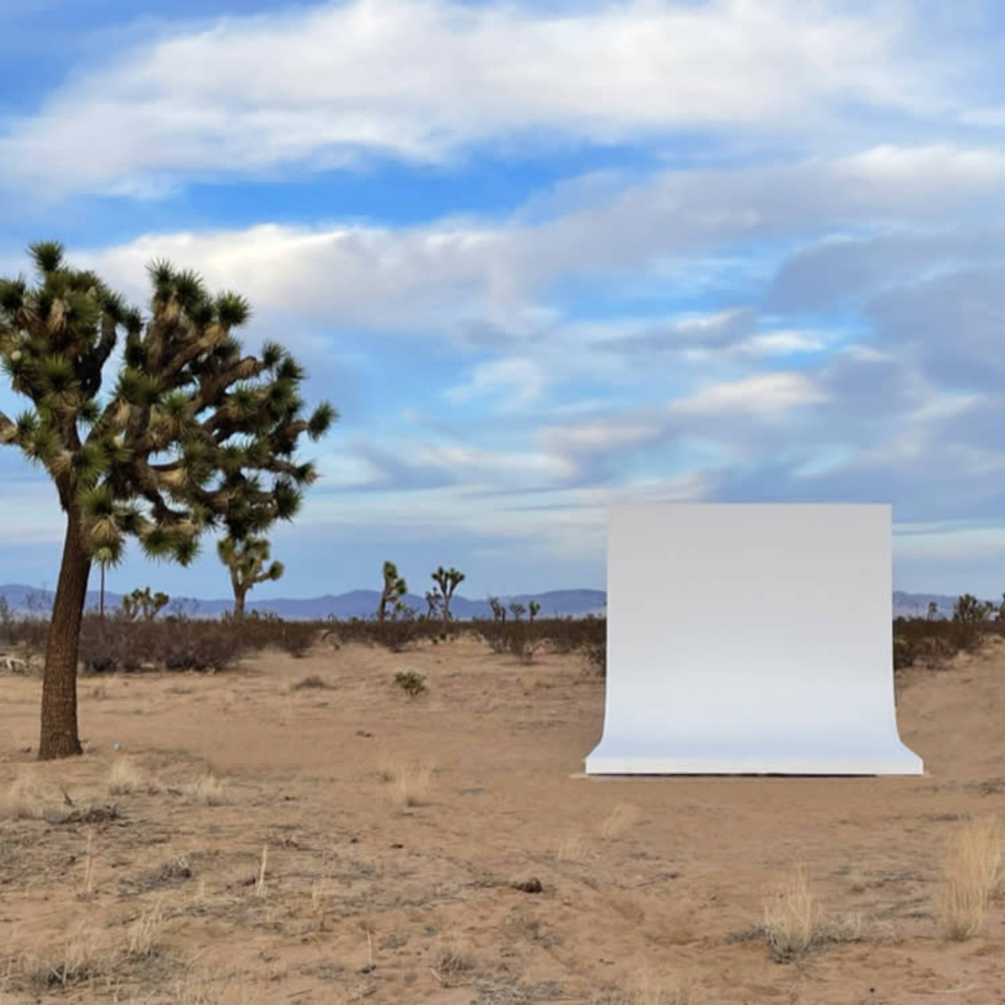 A large white backdrop stands on a sandy expanse surrounded by sparse desert vegetation under a cloudy sky.