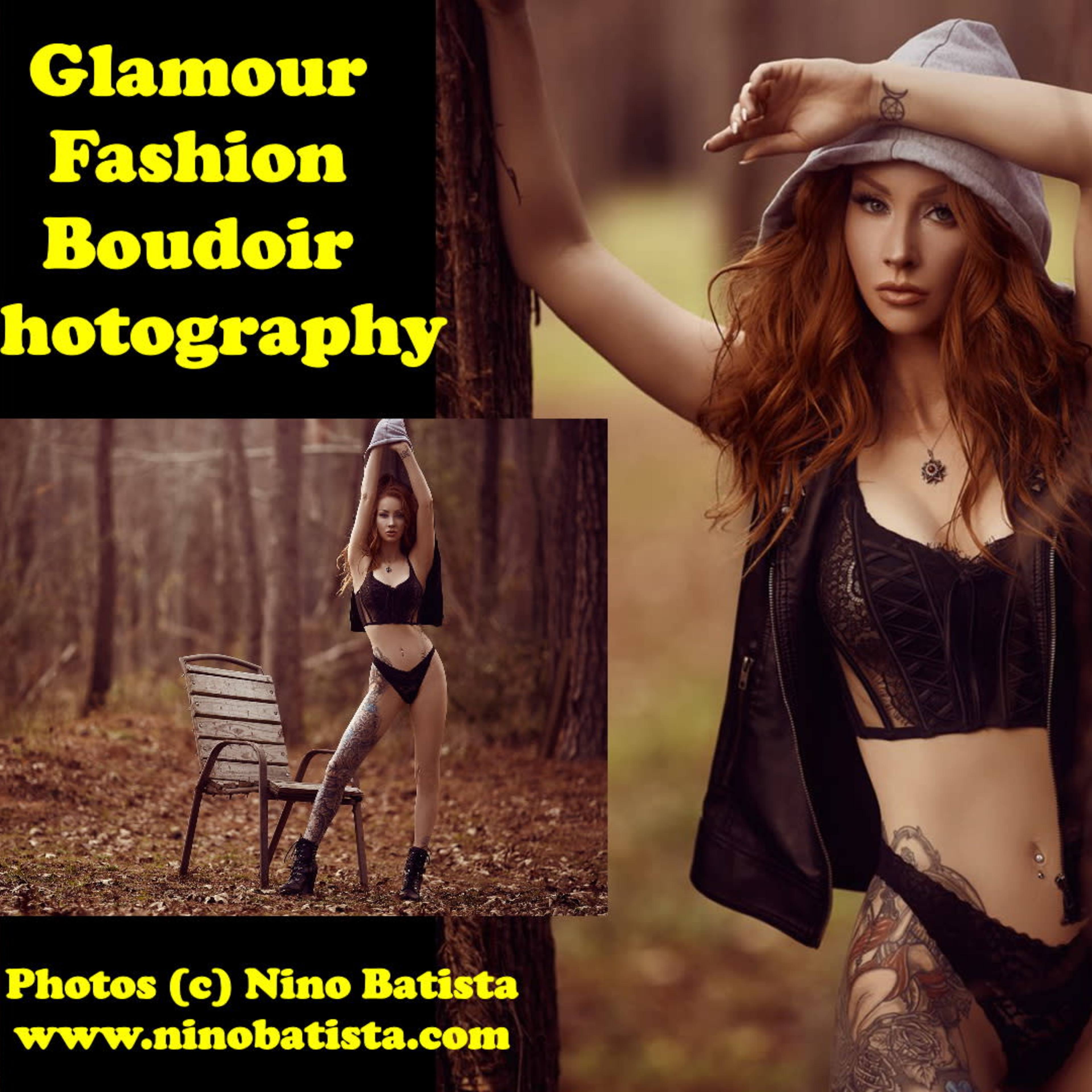 A woman in lingerie posing in a wooded area near a bench, complemented by text highlighting glamour fashion and boudoir photography.
