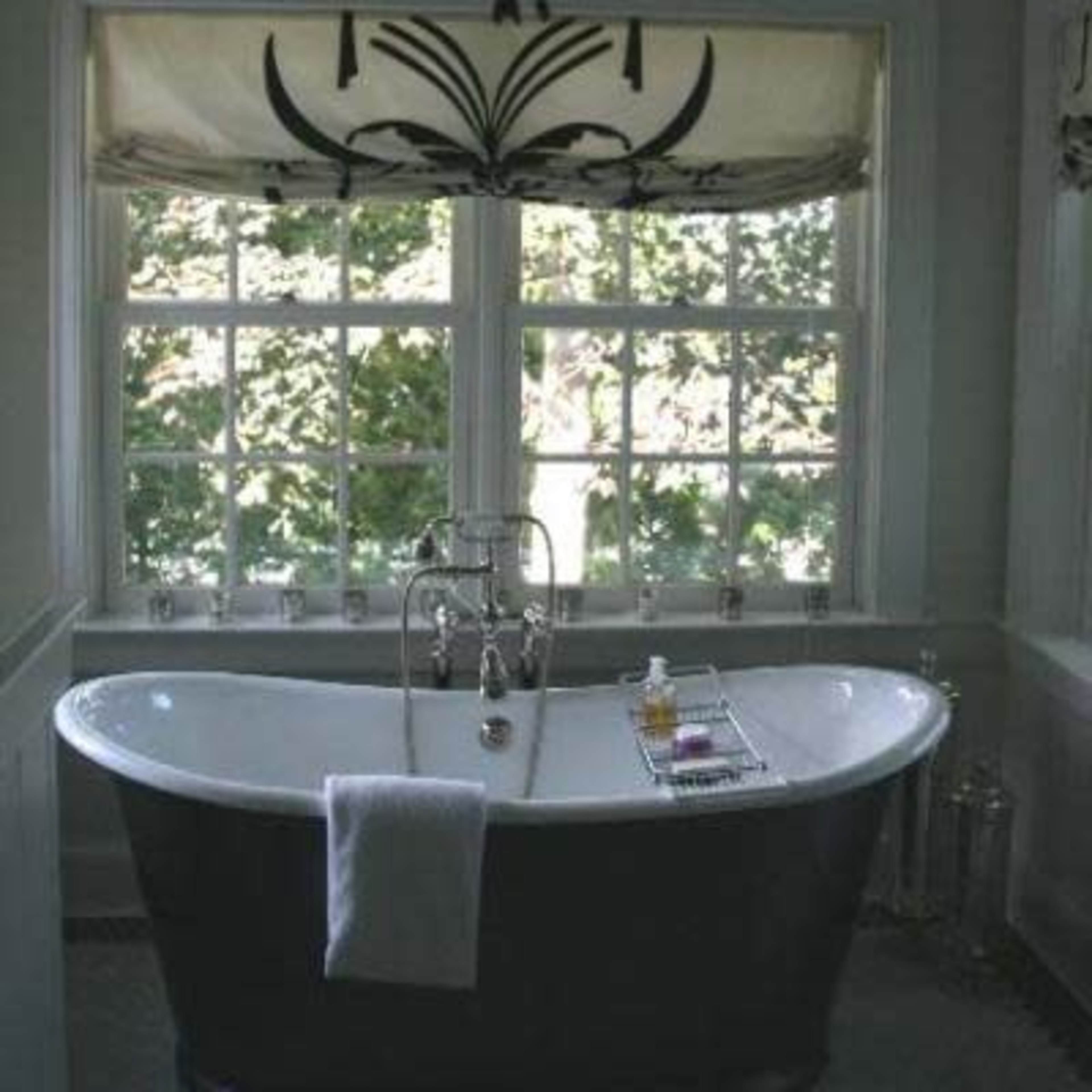 A freestanding bathtub is positioned beneath a window with leafy fabric drapes, surrounded by greenery.