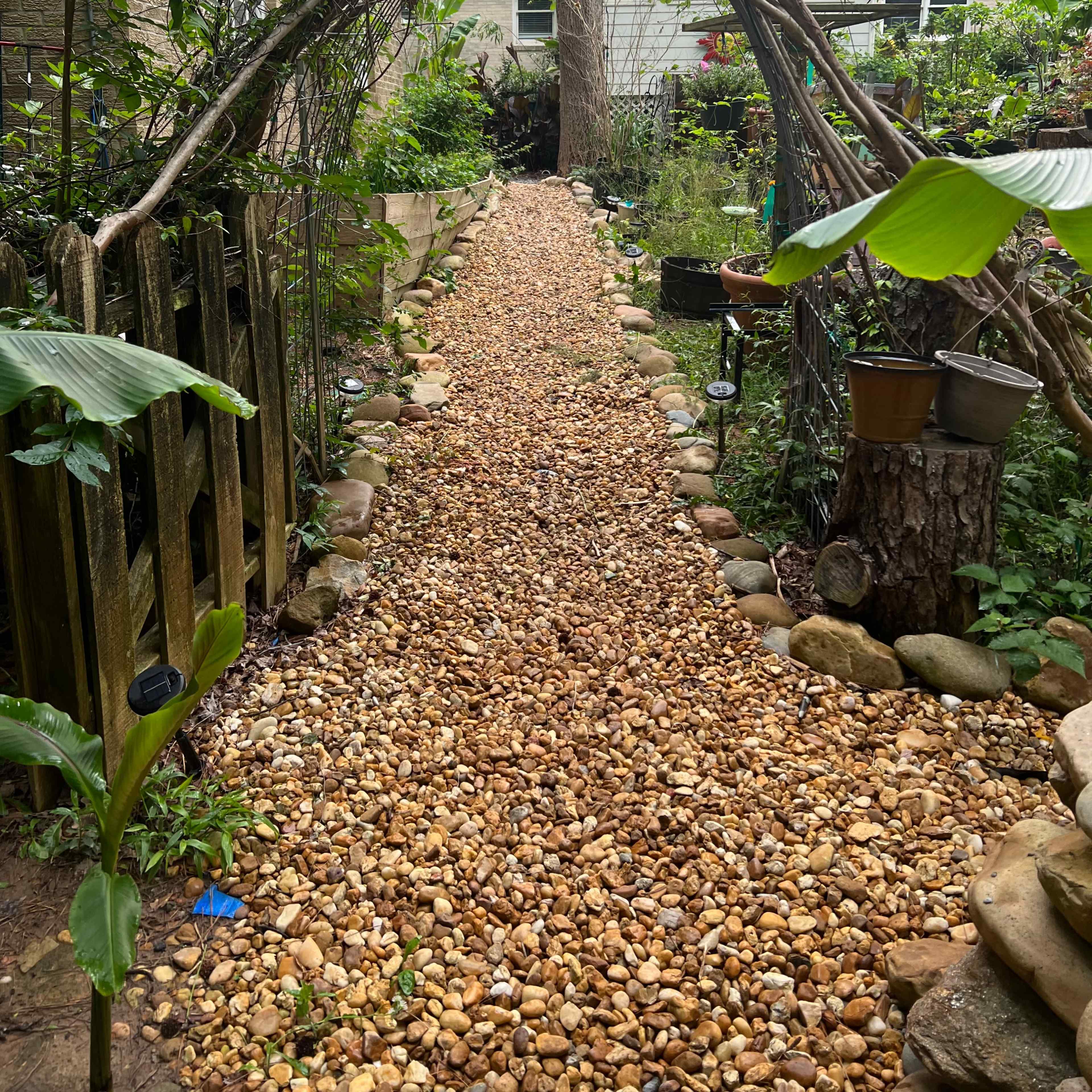 A gravel path lined with stones leads through a garden with greenery and wooden structures.