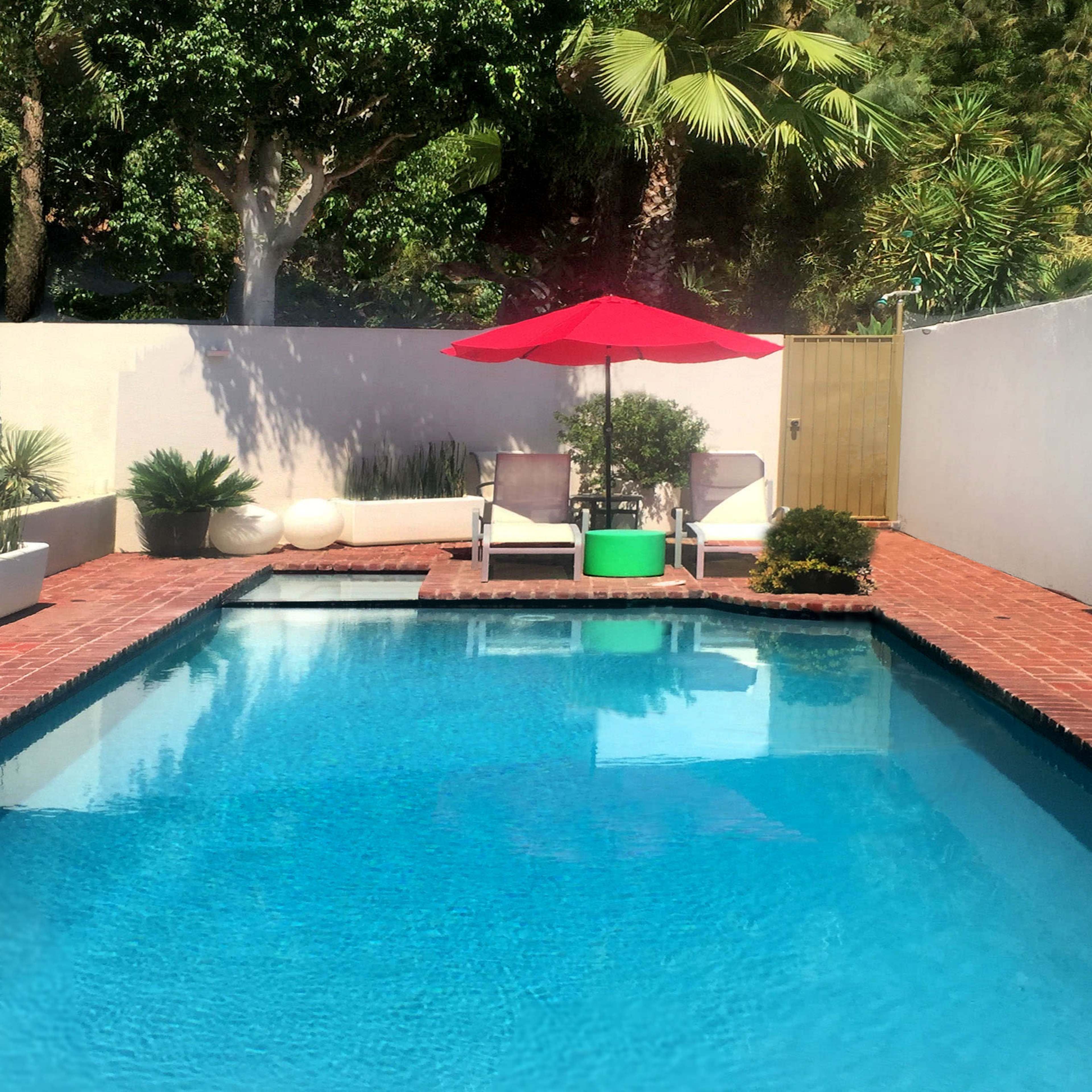 A rectangular pool with clear blue water is bordered by a red-tiled deck, featuring a green umbrella over a lounge chair and surrounded by various plants.