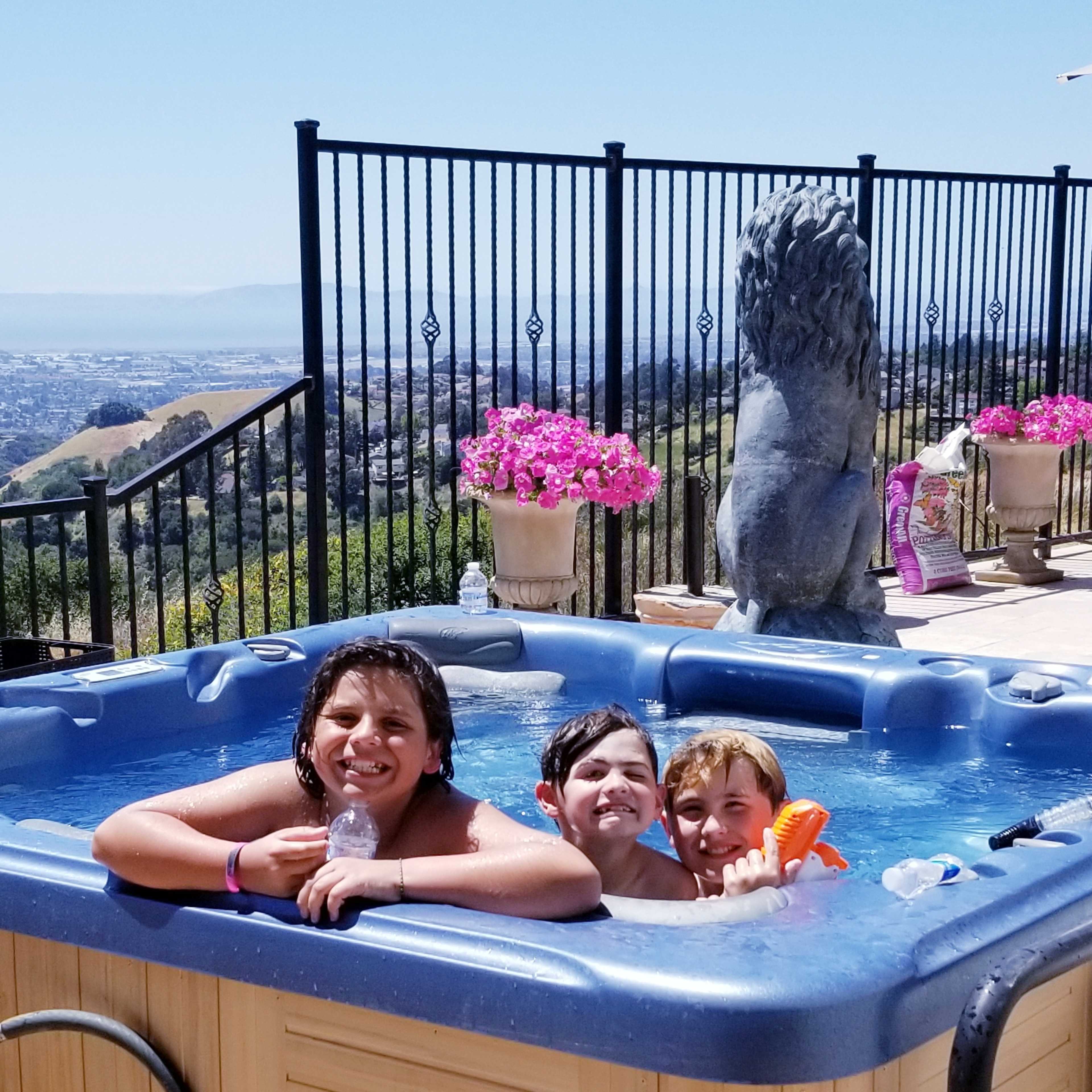 Three children smile and play in a hot tub overlooking a scenic landscape with potted flowers in the background.