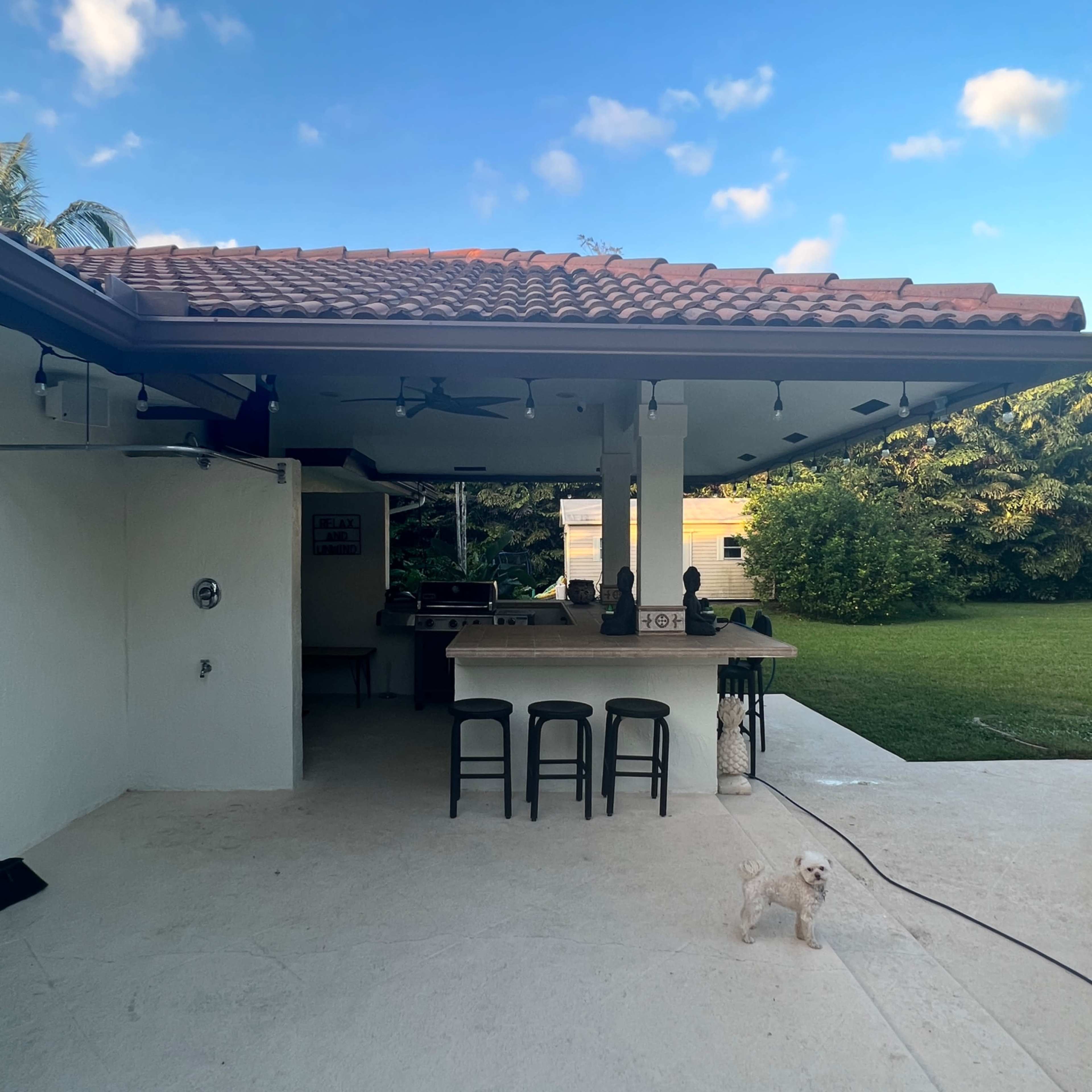 A covered outdoor patio with a kitchen area and a small dog stands on the concrete floor.