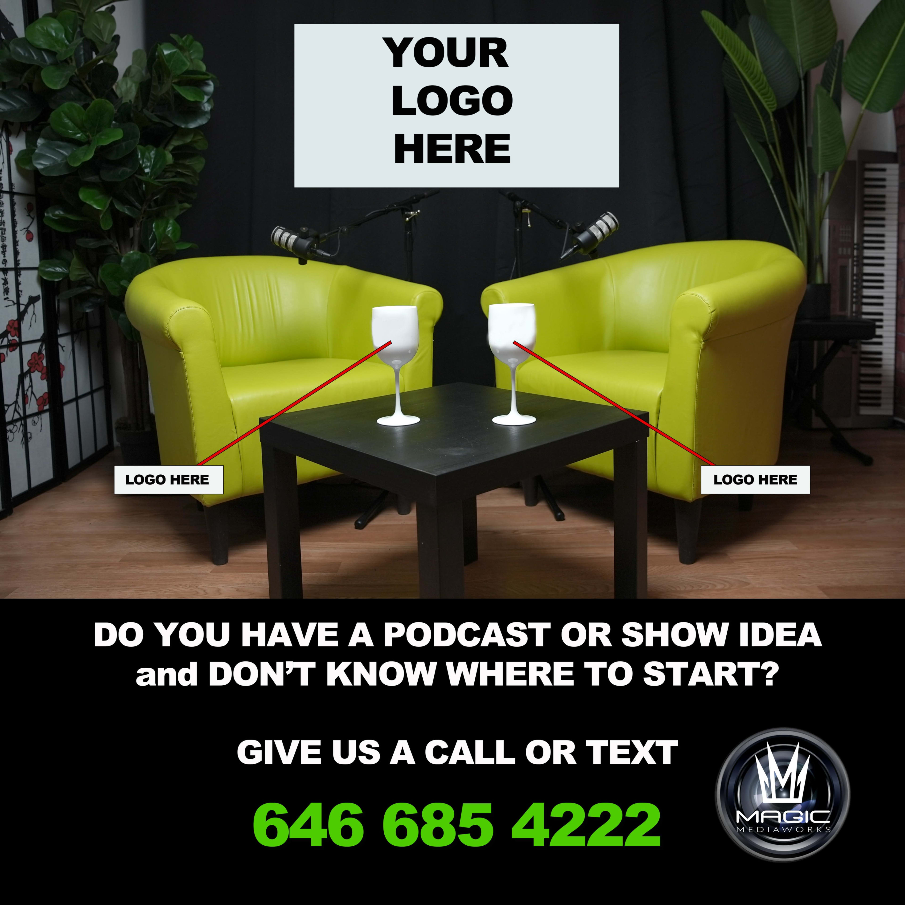 Two green chairs positioned on either side of a small black table, with a backdrop of plants and a wall that includes potential display areas for logos.
