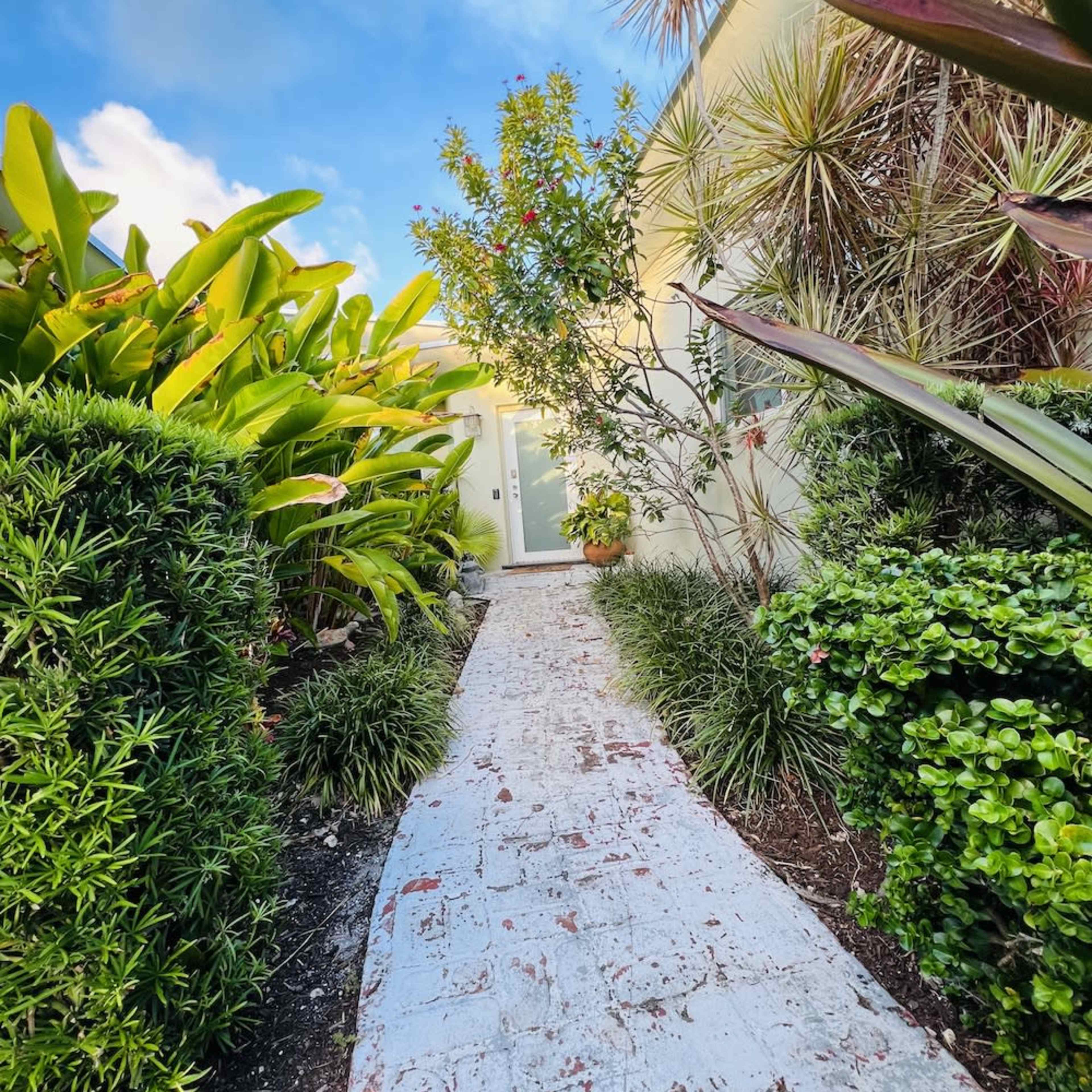 A brick pathway leads through lush greenery towards a doorway framed by various plants.