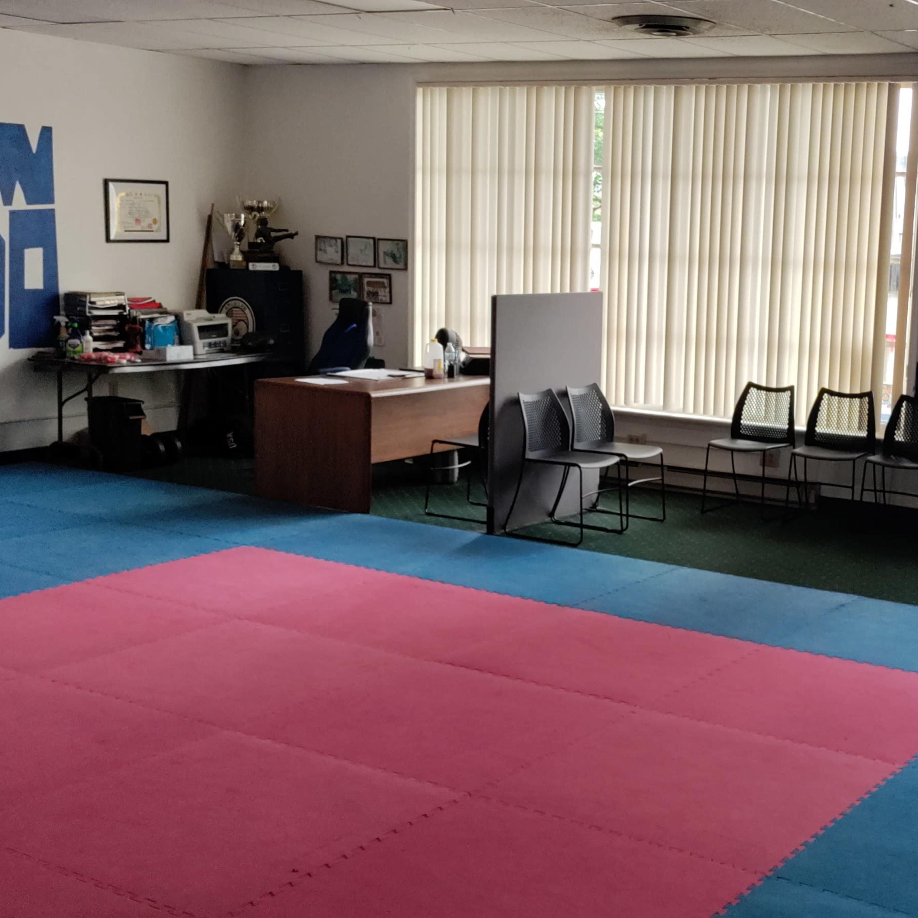 A sparsely furnished martial arts studio with blue and pink mats on the floor, a desk, and several chairs along the wall.