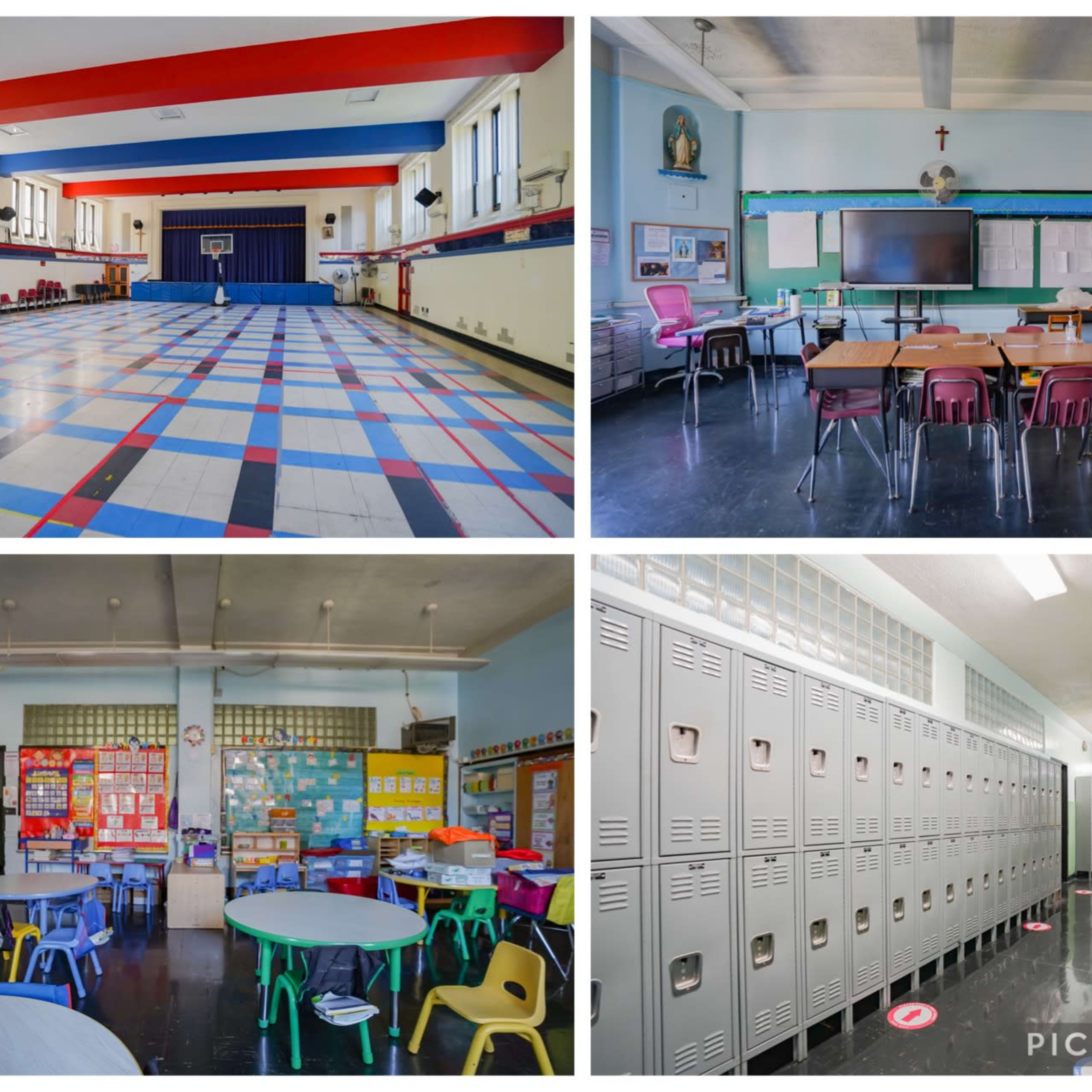 An interior view of a school featuring a gymnasium, a classroom with desks and a digital screen, a room with colorful tables, and a hallway lined with lockers.