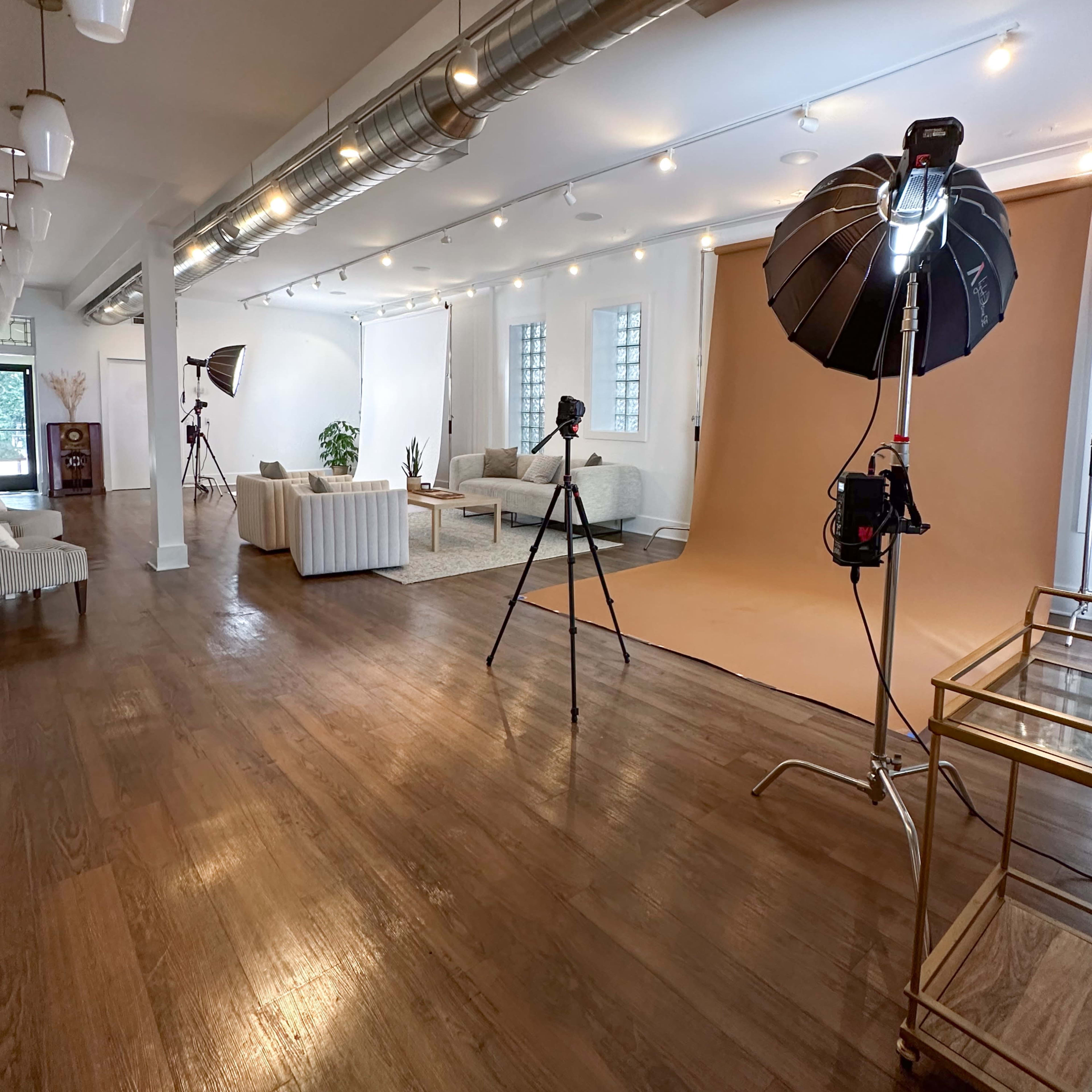 A photography studio features a light brown backdrop, soft lighting equipment, and a well-furnished seating area.