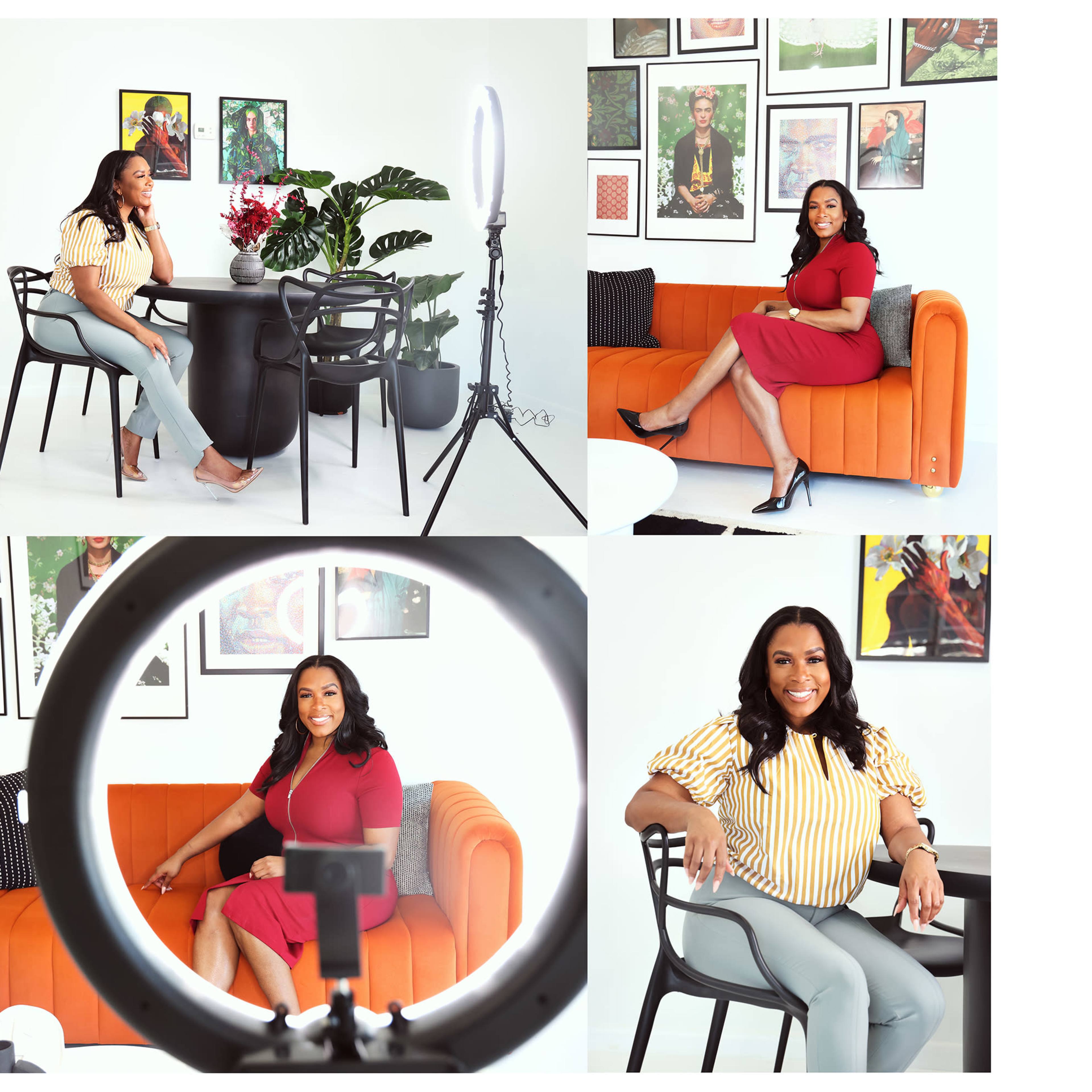 A woman poses in a brightly lit studio filled with modern furniture and art, showcasing different outfits and settings.