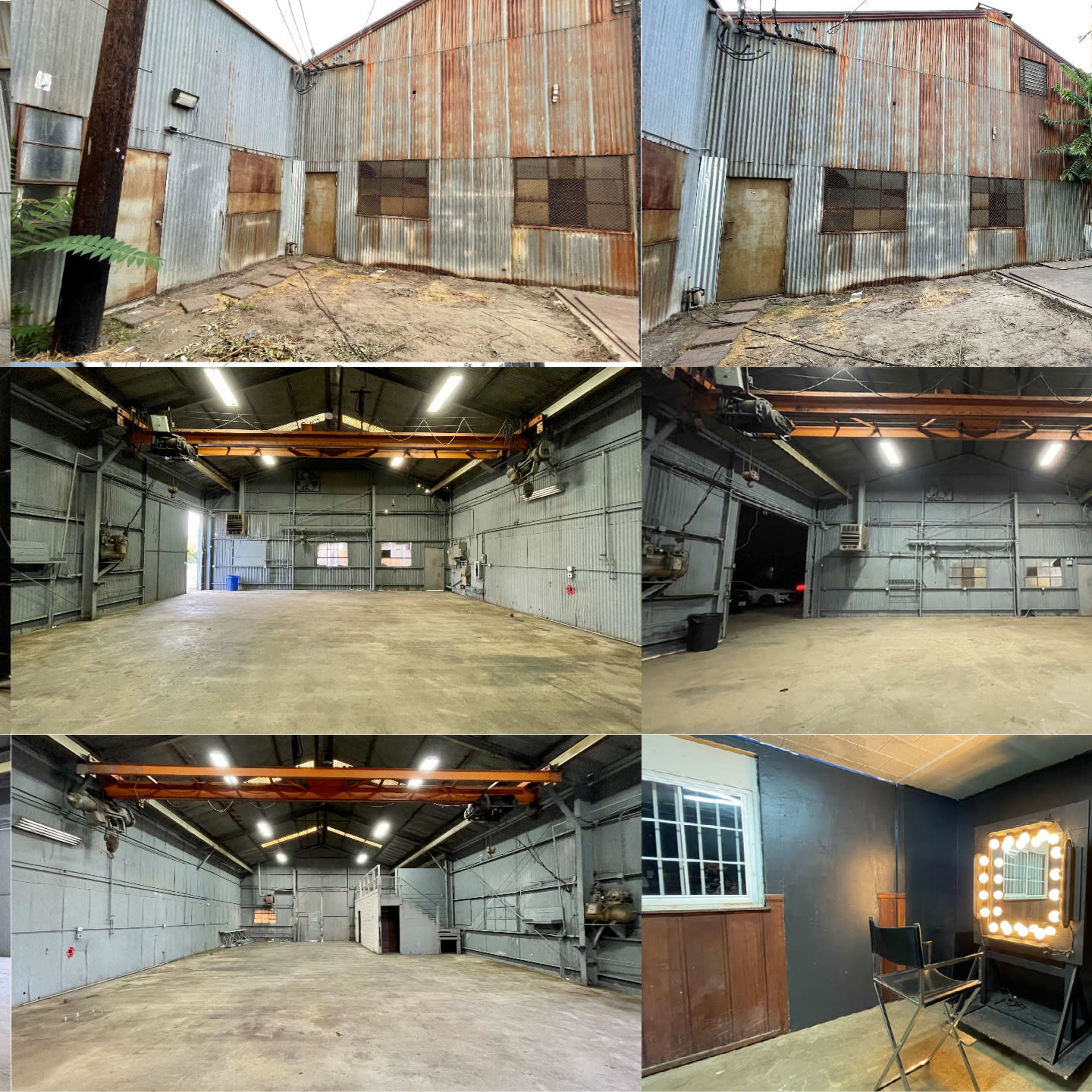 A series of warehouse spaces featuring industrial interiors, empty concrete floors, and metal walls in various perspectives.