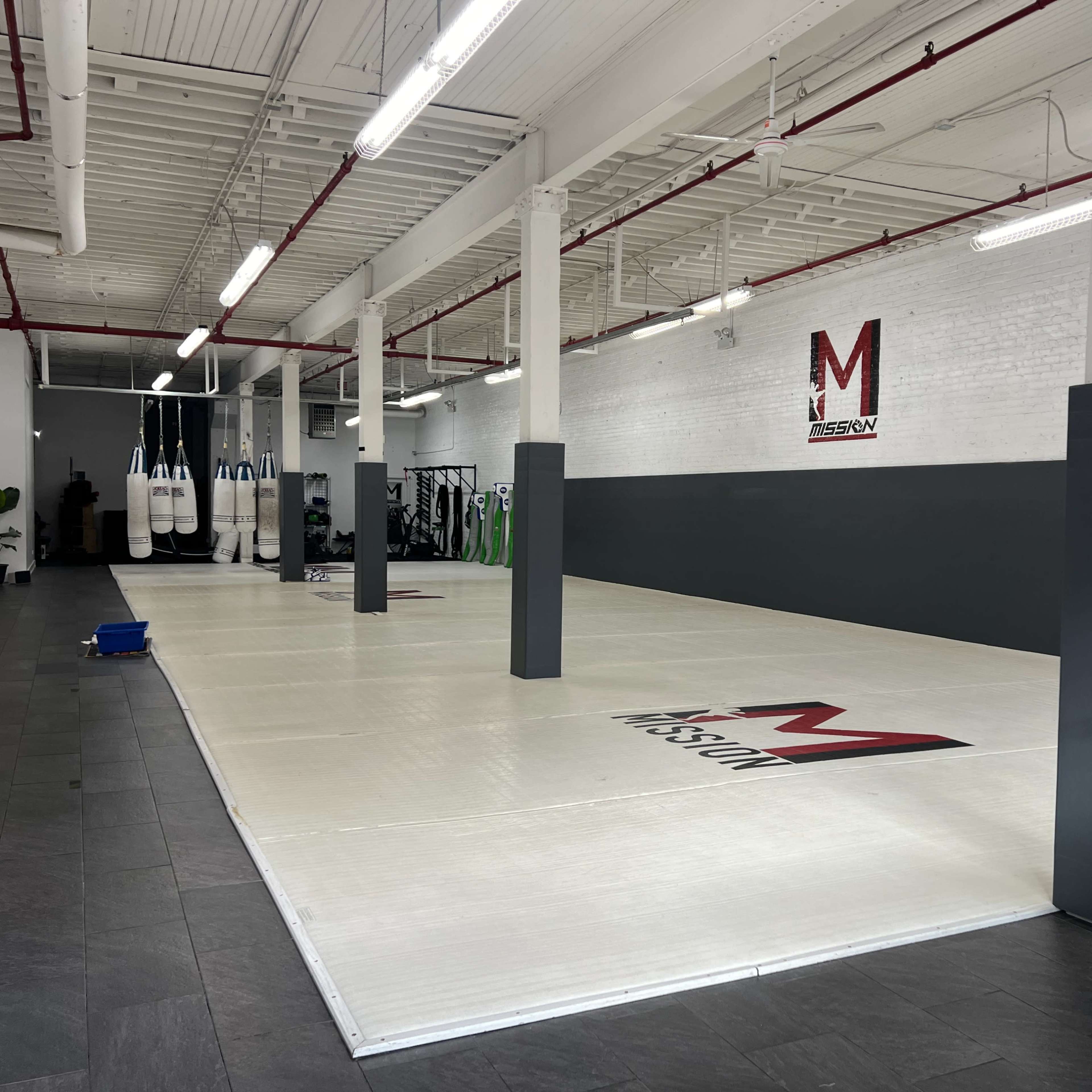A spacious, modern training facility with padded flooring, exercise equipment, and boxing bags hanging on the walls.